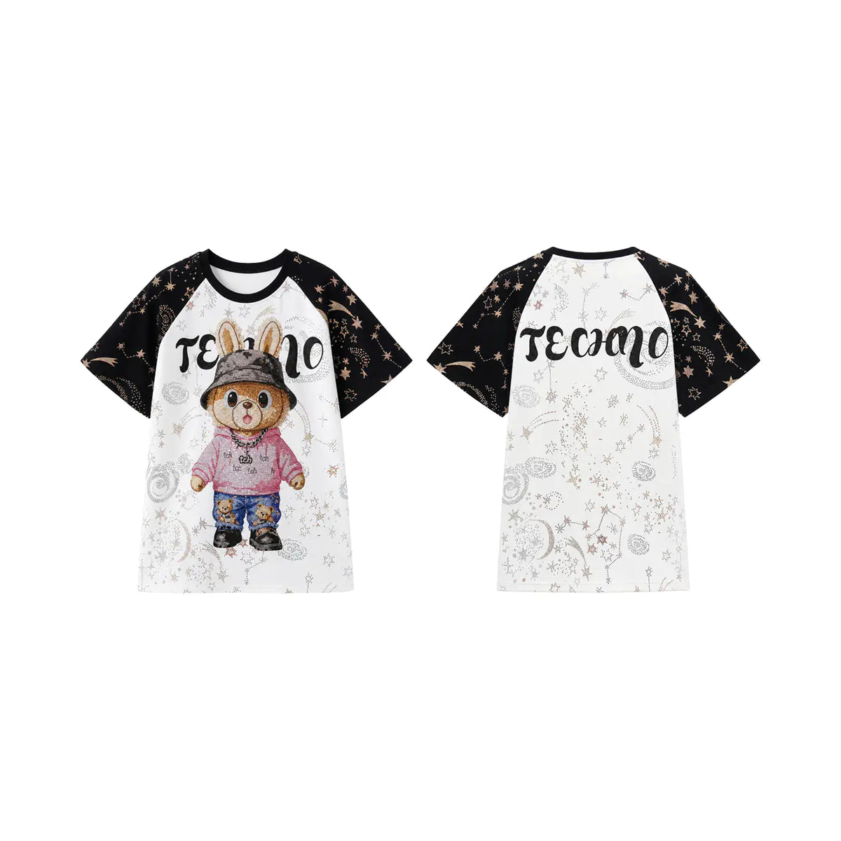 A children's short-sleeve raglan T-shirt shown from both front and back on a plain white background. The shirt has black sleeves with small gold celestial prints, a white body, the word 'TECMO' across the chest, and a cartoon rabbit character on the front. TCH Rhinestone Teddy Bear Techno Raglan T-Shirt