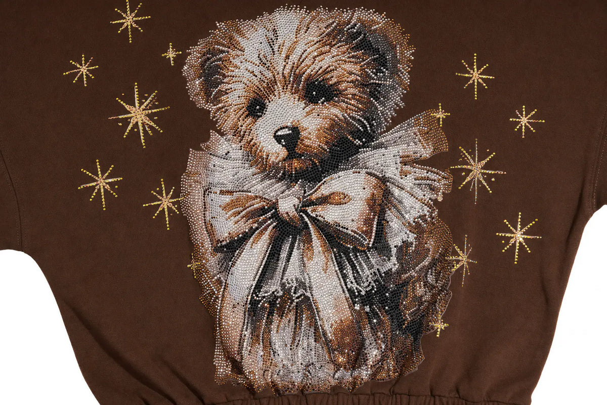 A close-up of a brown garment featuring a large embroidered teddy bear design with a ruffled bow and scattered gold starburst motifs. TCH Rhinestone Teddy Bear Techno Sweatshirt Dress