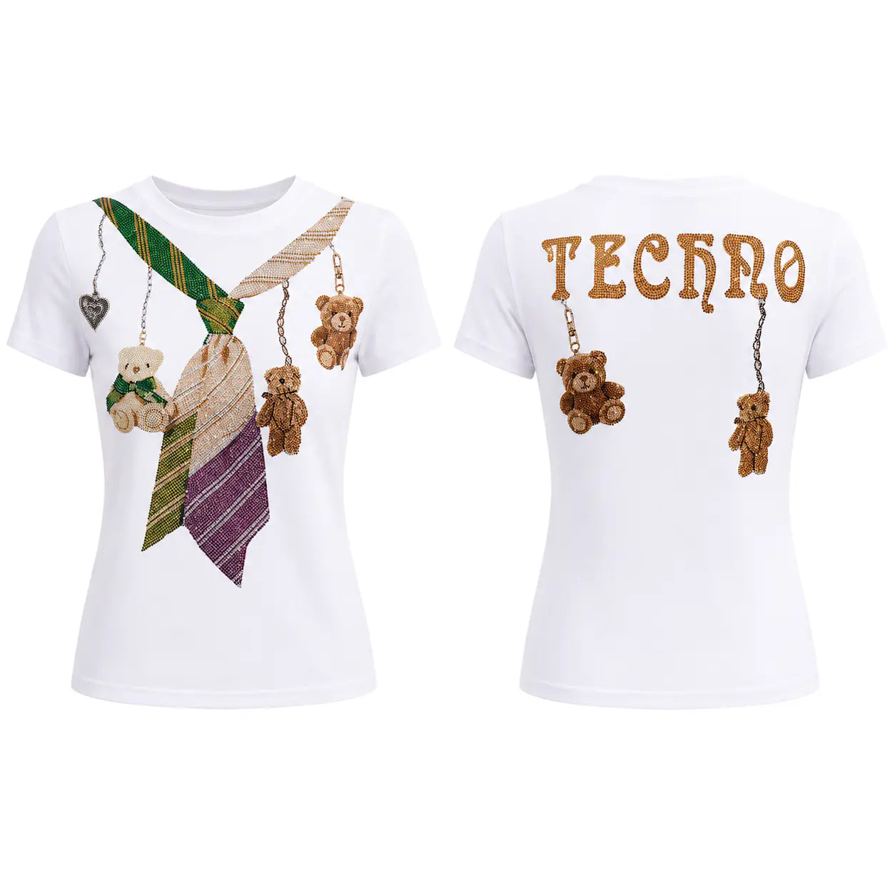 White short-sleeve graphic T-shirt shown from the front and back. The front features a printed necktie design with hanging teddy bears and small heart charms. TCH Rhinestone Teddy Bear Tie Graphic White T-Shirt