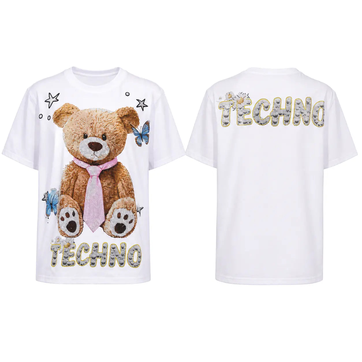 White short-sleeve T-shirt shown from the front and back. The front features a large teddy bear graphic with a pink bow tie, blue butterflies, stars, and the word 'TECHNO' in a leopard-print style. TCH Rhinestone Teddy Bear White T-Shirt