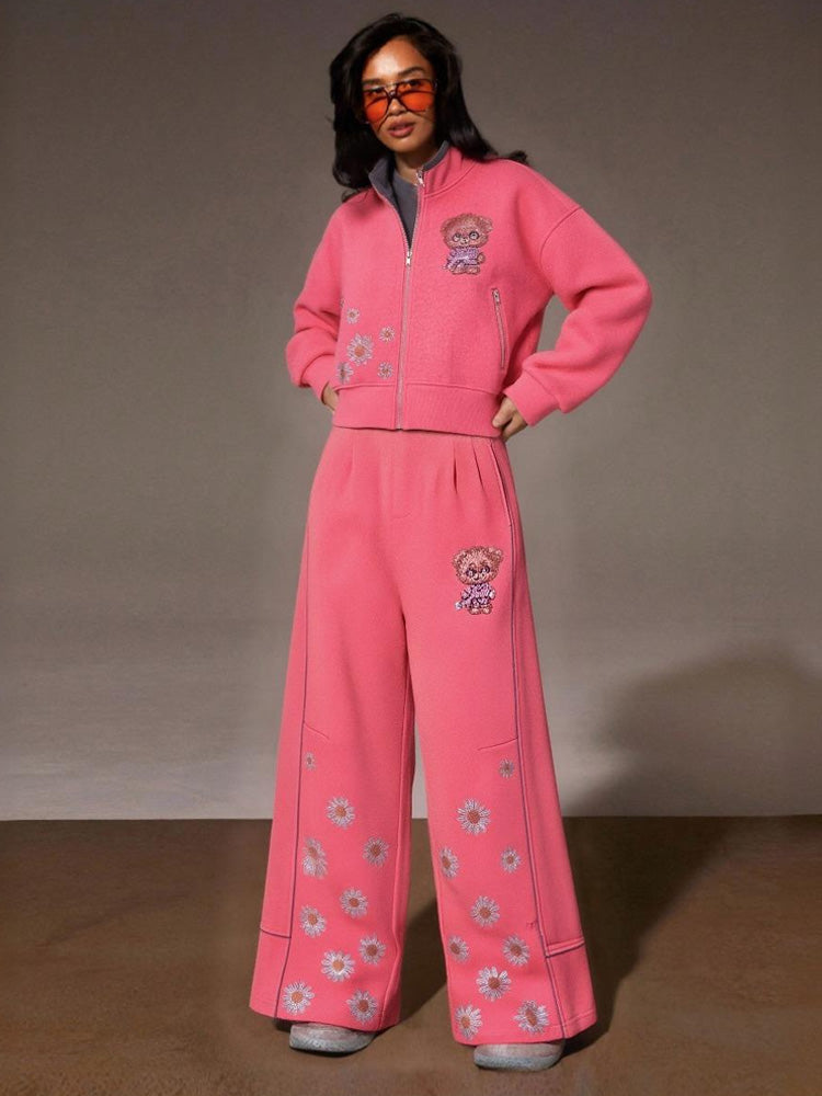 tch rhinestone teddy jacket and wide leg daisy pants set pink HighEnd Luxury Streetwear Brand Official Showcase