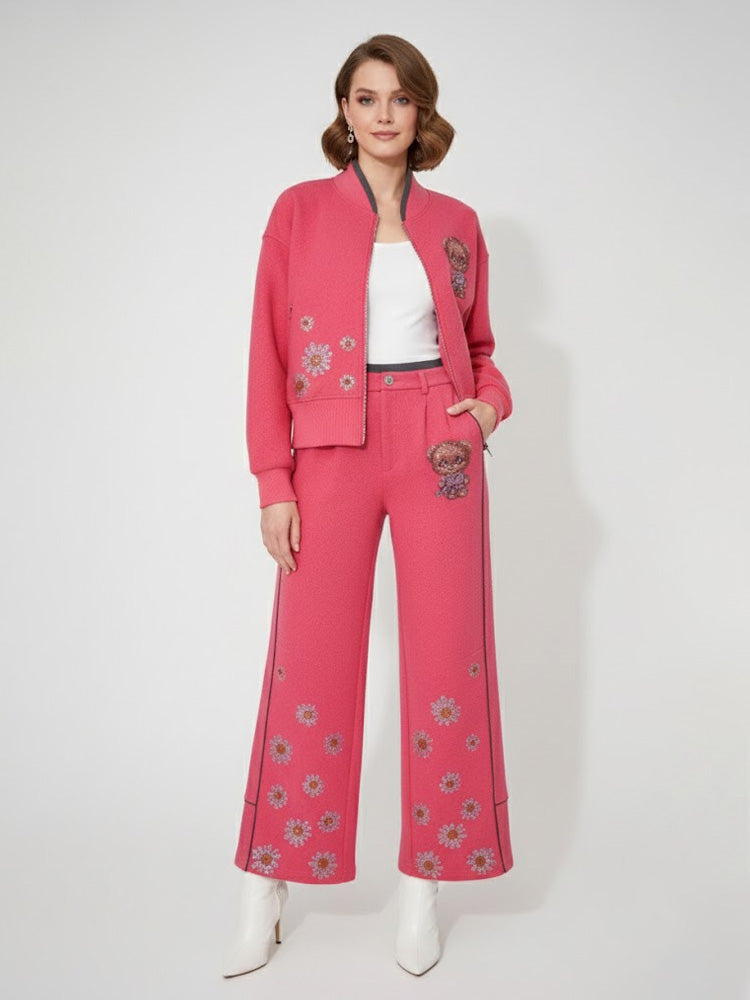 tch rhinestone teddy jacket and wide leg daisy pants set pink HighEnd Luxury Streetwear Brand Official Showcase