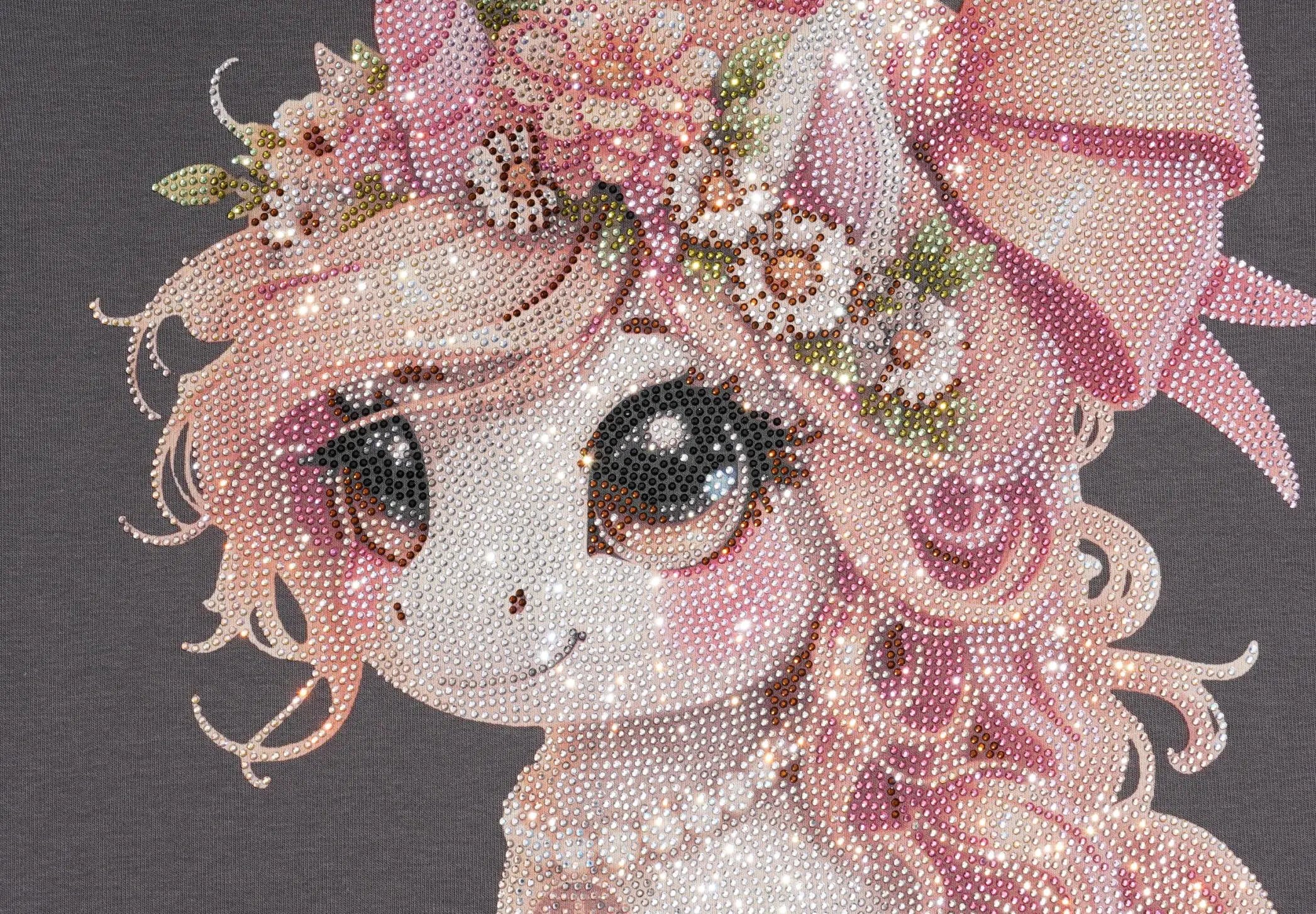 A close-up of a diamond painting or bead art design depicting a cute anime-style girl with large eyes, pink hair, a floral crown, and a pink bow, set against a dark gray background. TCH Rhinestone Unicorn Graphic Charcoal T-Shirt