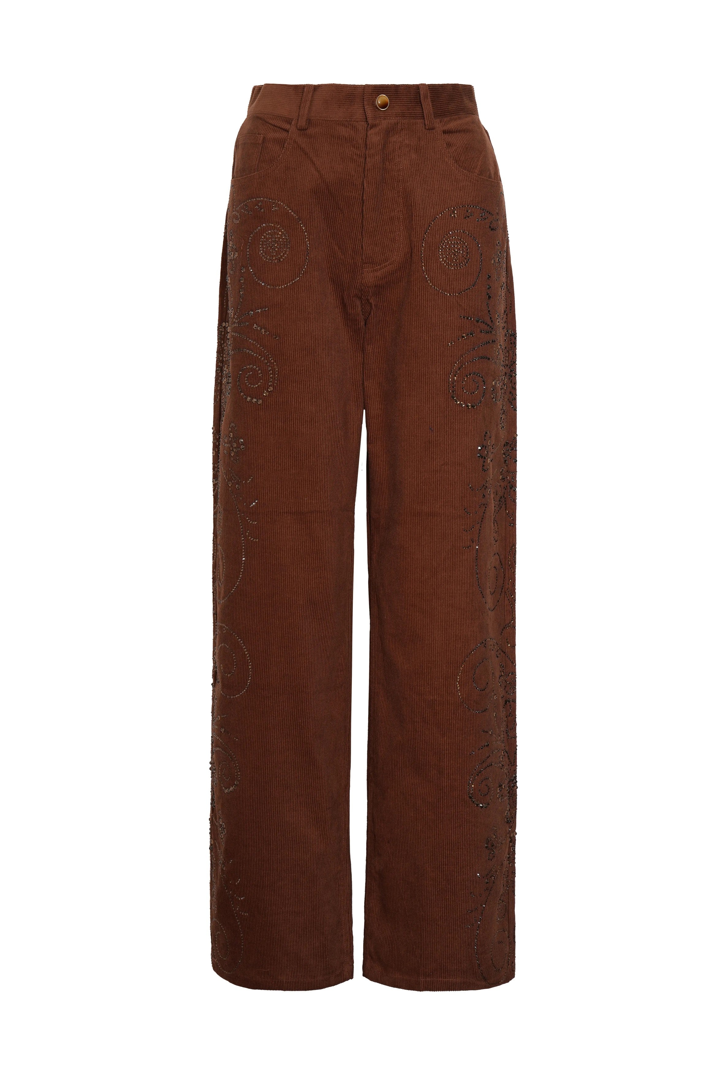 Brown corduroy pants on a white background, TCH Rhinestone Vine Brown Denim Jeans