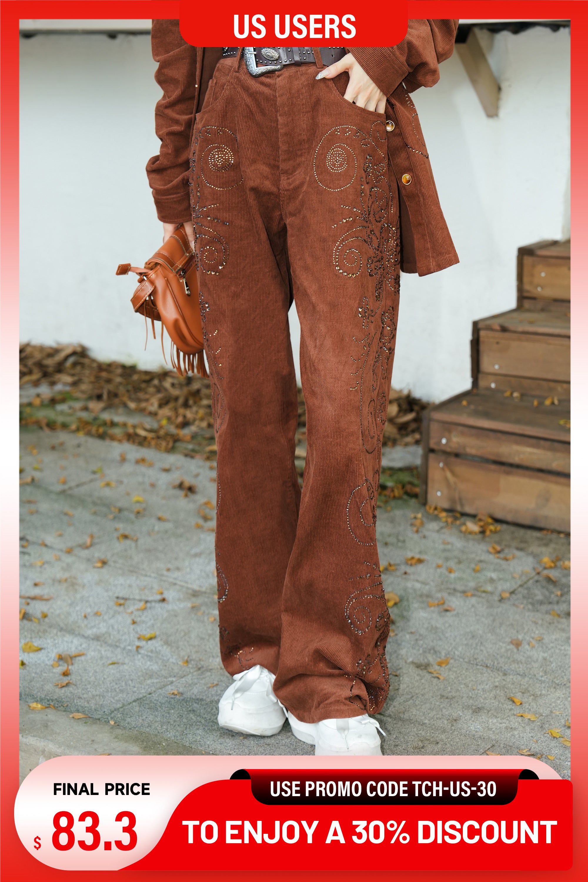 Brown leather shorts with decorative elements on a white background, with a promotional banner at the bottom. TCH Rhinestone Vine Brown Denim Jeans