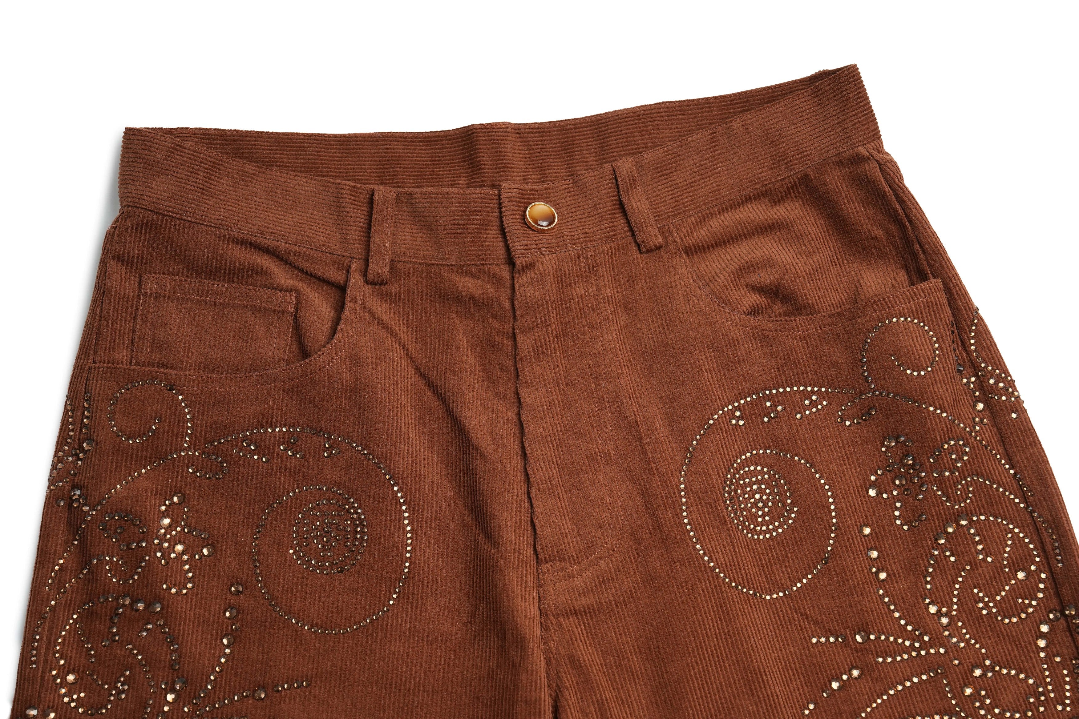 Brown corduroy pants with decorative patterns on a white background, TCH Rhinestone Vine Brown Denim Jeans