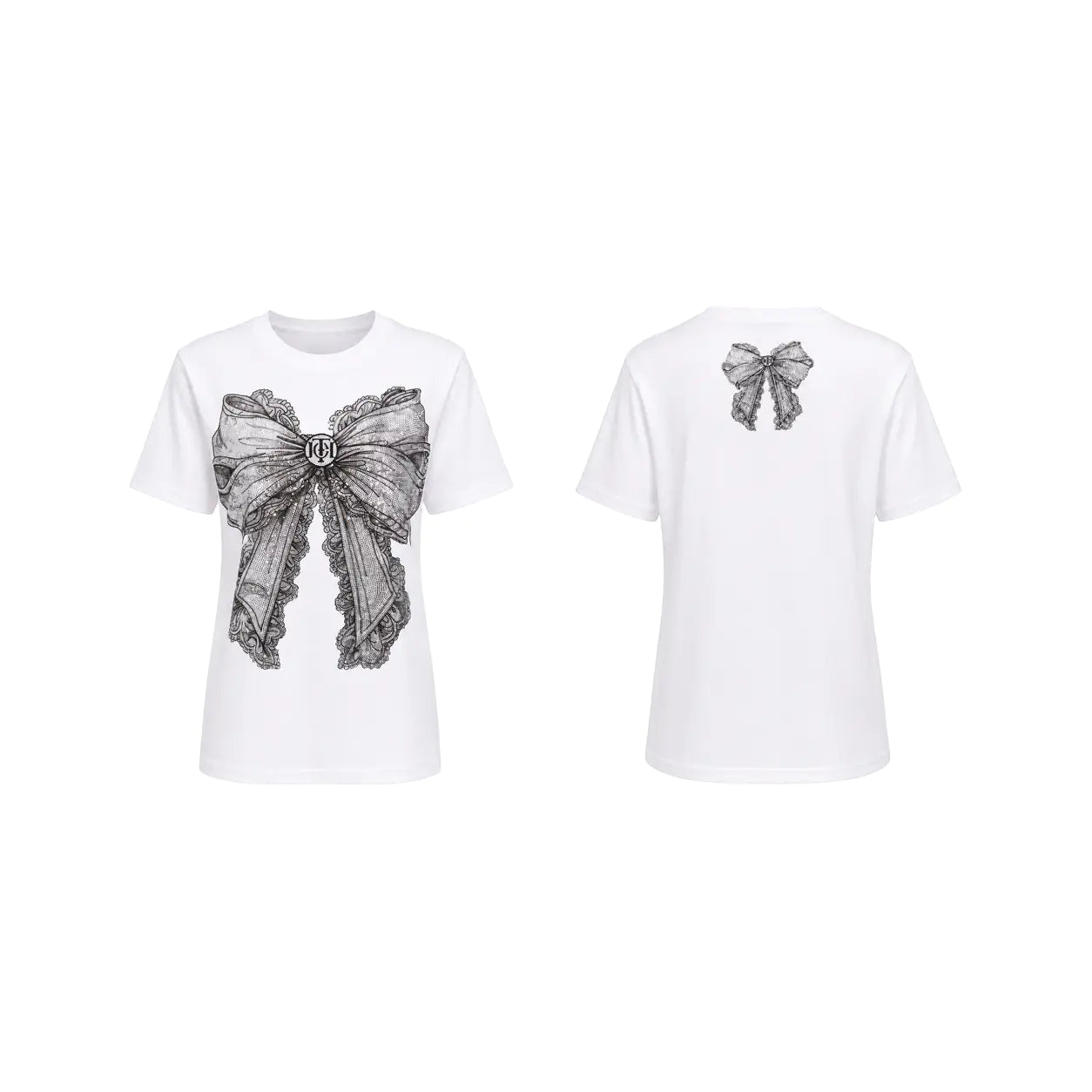 White short-sleeve T-shirt shown from the front and back, featuring a large gray bow graphic on the front with a small matching bow graphic on the back. TCH Rhinestone Vintage Bow Graphic White T-Shirt