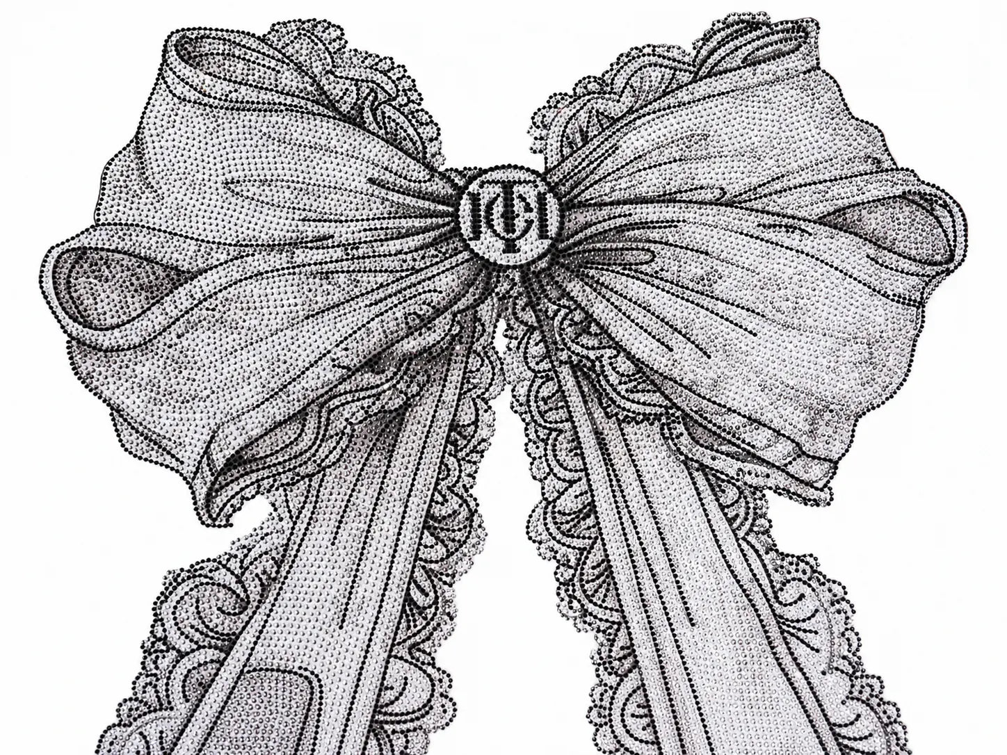 Black and white halftone illustration of a large decorative bow with lace trim and a central monogram medallion, shown on a plain white background. TCH Rhinestone Vintage Bow Graphic White T-Shirt