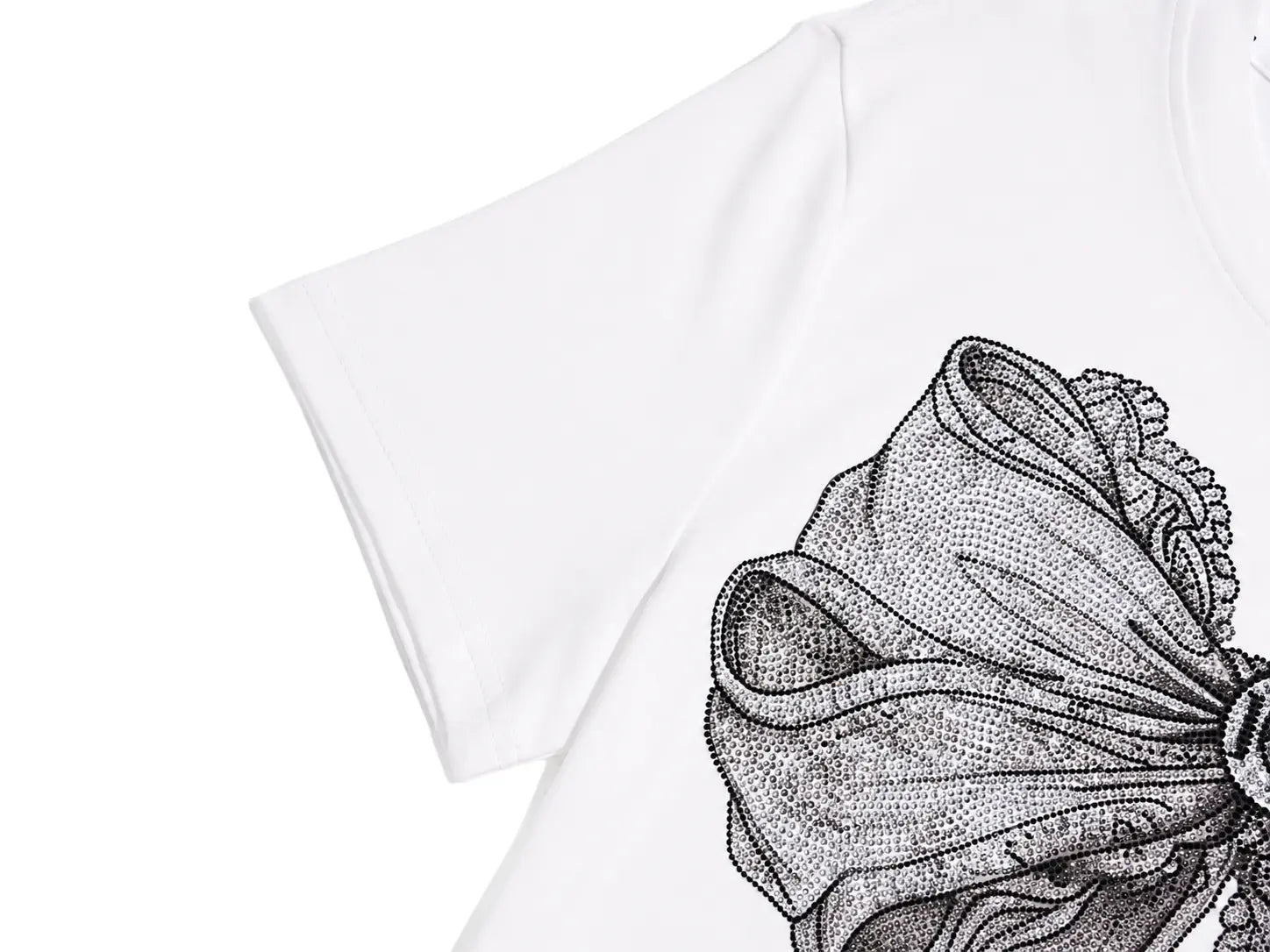 White short-sleeve T-shirt with a black dotted line-art graphic of a draped scarf or fabric accessory on the front, shown on a clean white background. TCH Rhinestone Vintage Bow Graphic White T-Shirt