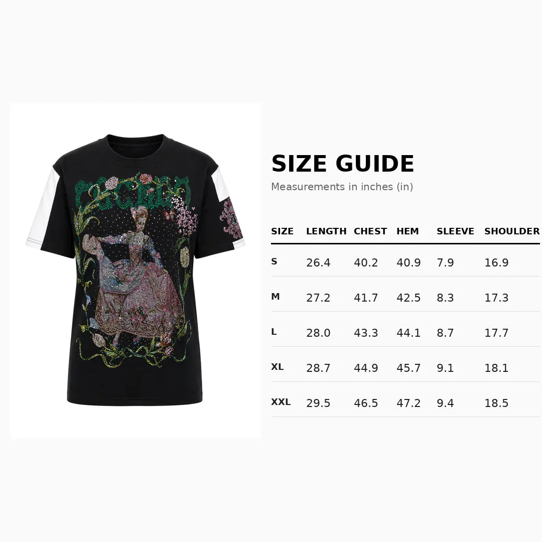 A black short-sleeve graphic T-shirt with a large multicolor illustration on the front and white sleeve panels, shown next to a size guide table with measurements in inches. TCH Rhinestone Vintage Floral Artwork Graphic Black T-Shirt