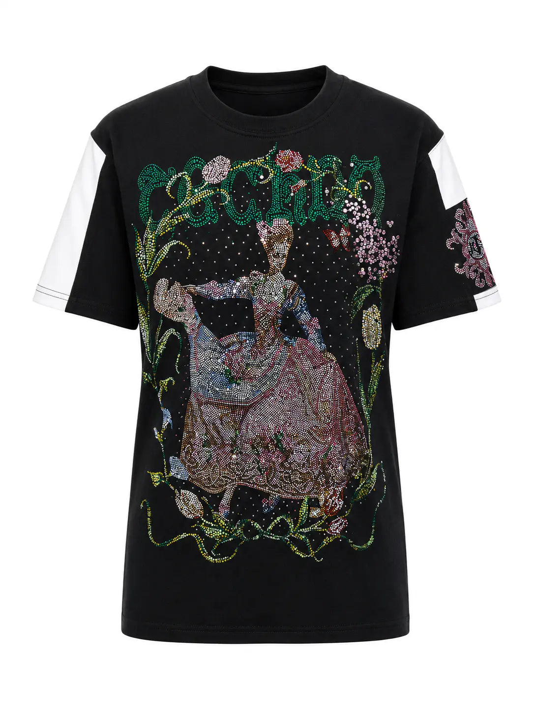 A black short-sleeve t-shirt with white sleeve panels and a highly detailed, ornate graphic on the front featuring a woman in a pink gown, green decorative lettering, and floral elements. TCH Rhinestone Vintage Floral Artwork Graphic Black T-Shirt