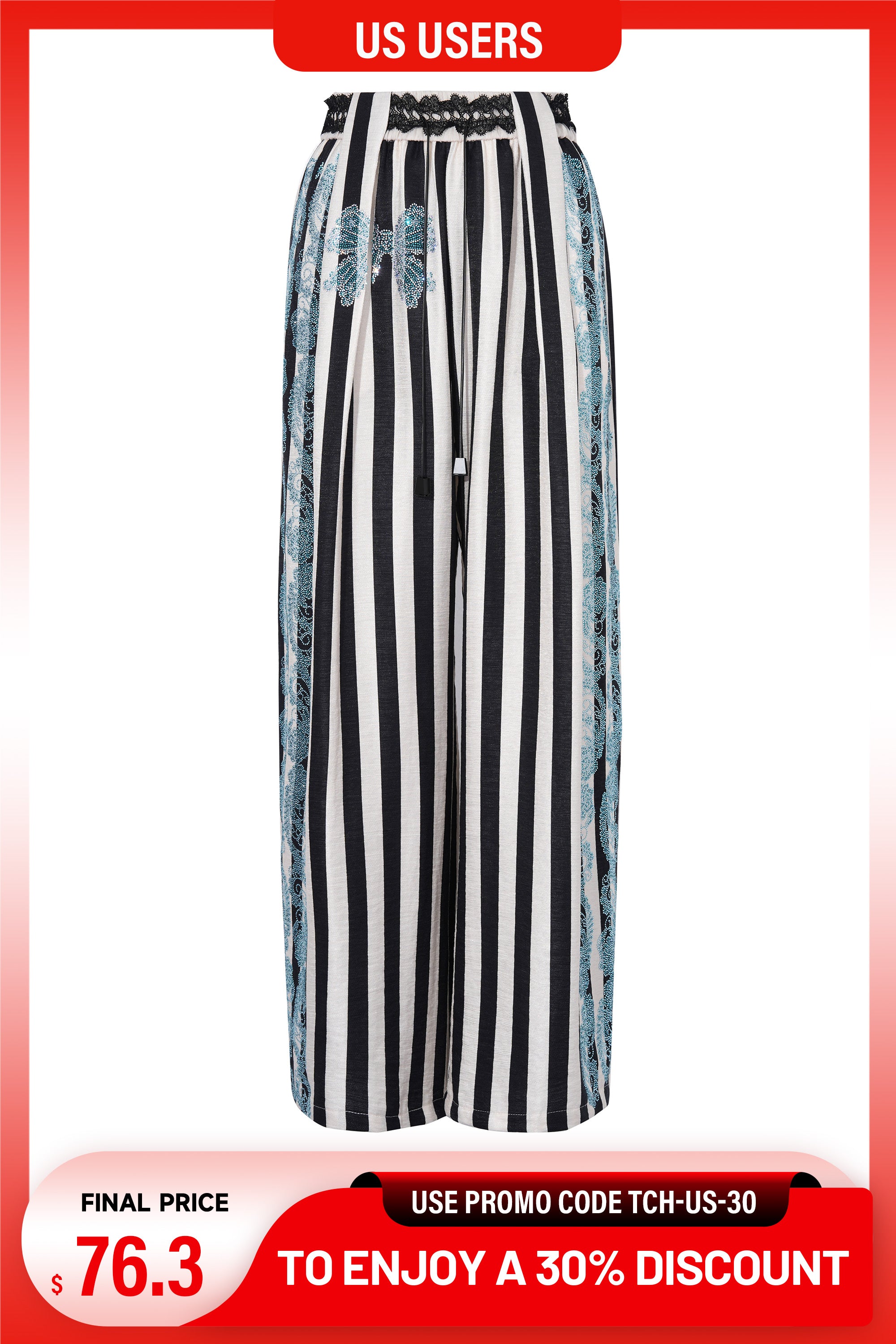 Black and white striped skirt with floral trim on a white background, promotional text at the top and bottom. TCH Rhinestone Wave Stripe Lace-Waist Pants
