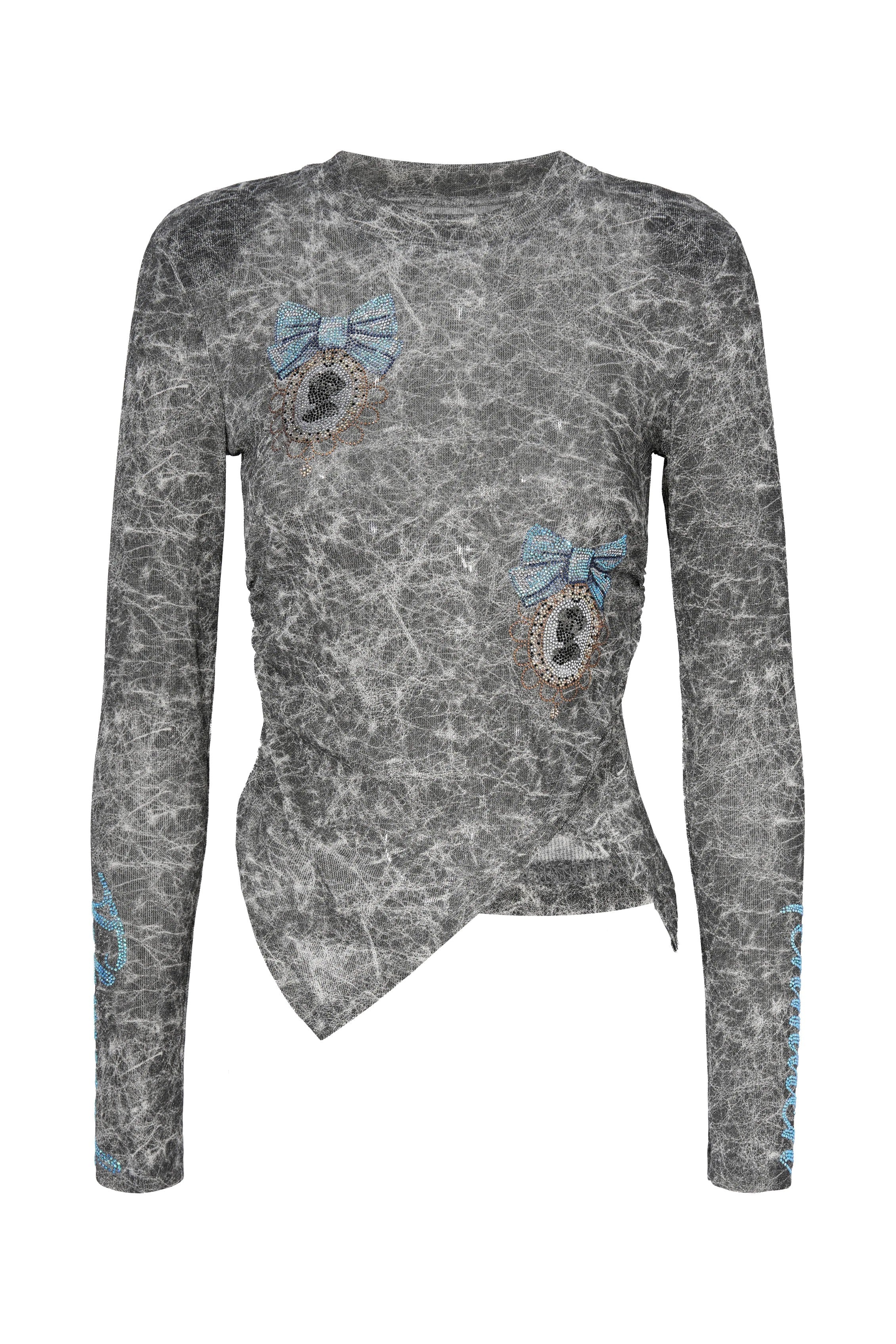 Gray long-sleeve top with decorative elements on a white background, TCH Rhinestone Web Mirror Slim-Fit Long Sleeve Tee