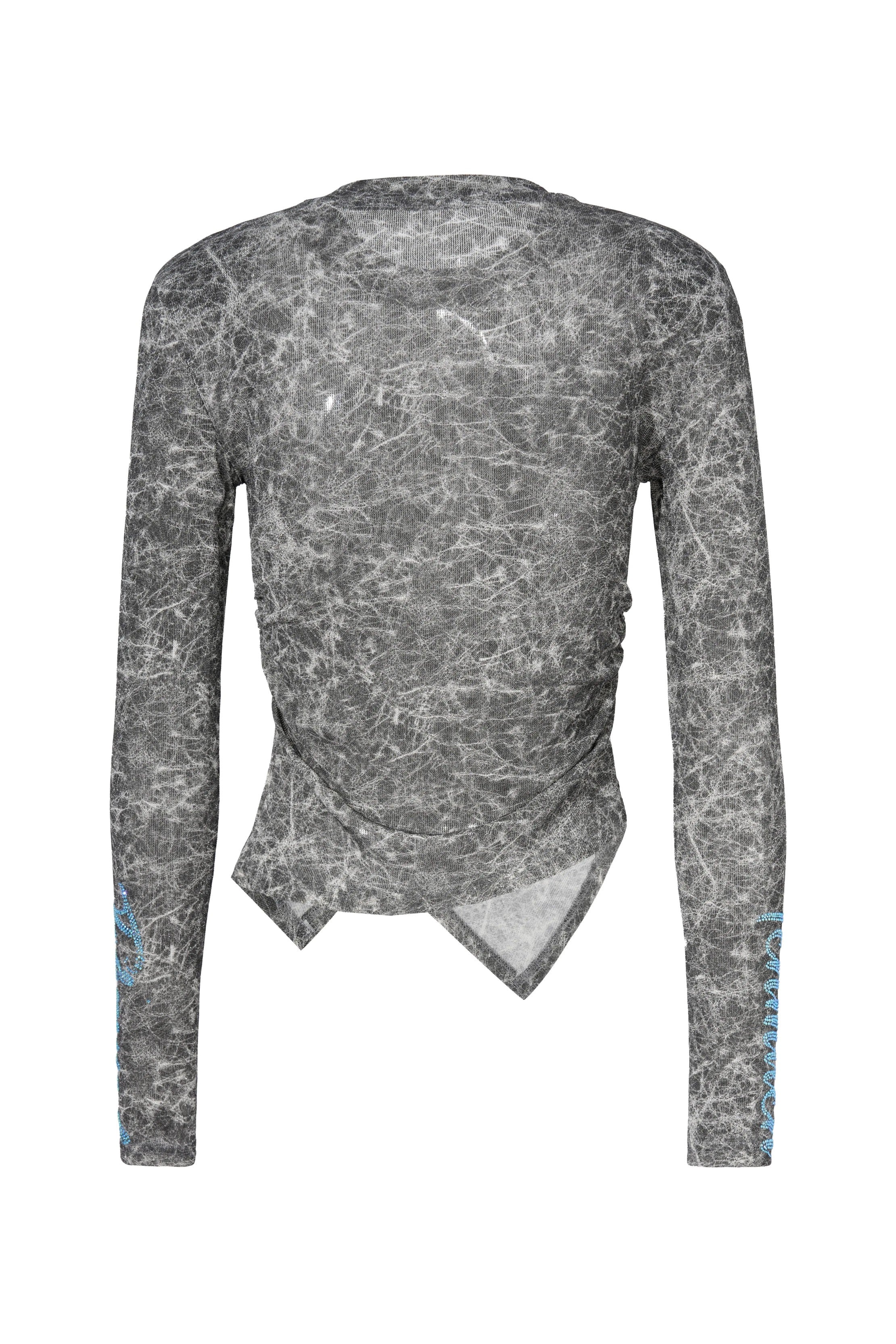 Gray patterned long-sleeve top on a white background, TCH Rhinestone Web Mirror Slim-Fit Long Sleeve Tee