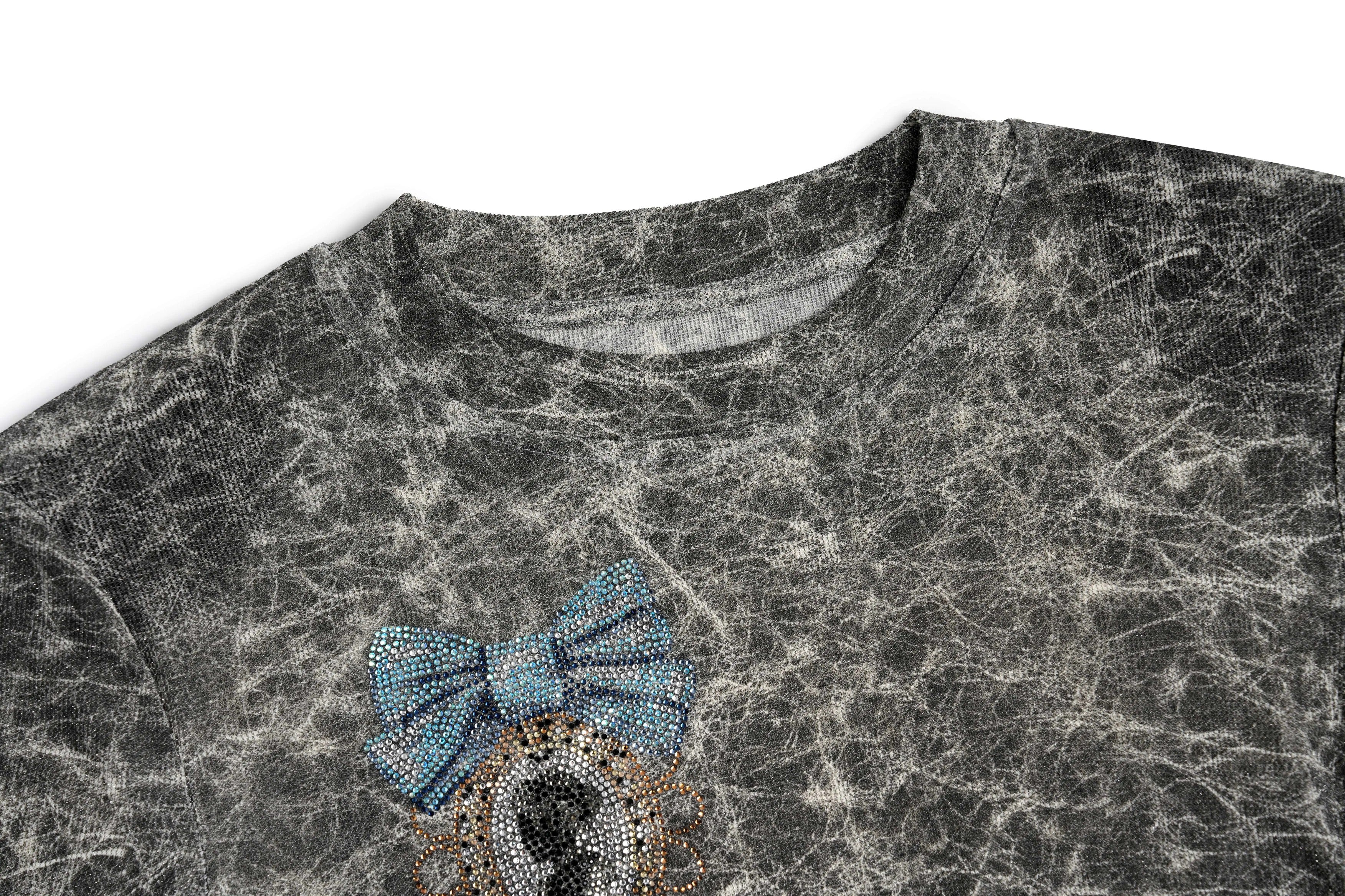 Gray tie-dye t-shirt with a blue bow and decorative elements on a white background, TCH Rhinestone Web Mirror Slim-Fit Long Sleeve Tee