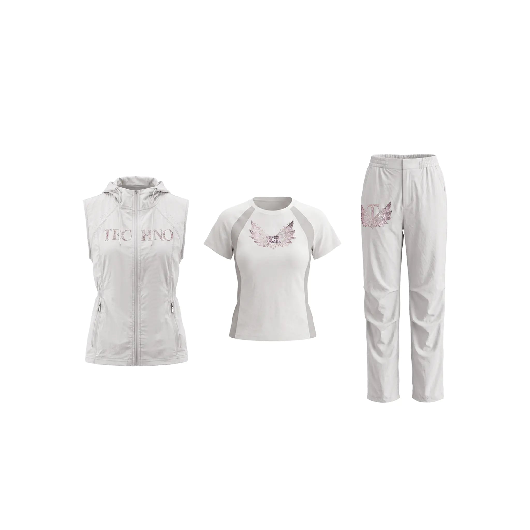 A three-piece women's outdoor apparel set in light gray, including a sleeveless zip-front hooded vest with 'TEC PINO' text on the chest, a short-sleeve athletic T-shirt with a wing graphic and 'TEC PINO' on the front, and matching gray pants with a wing graphic and 'TEC PINO' on the upper thigh. TCH Rhinestone Wing Active 3-Piece Tracksuit Set
