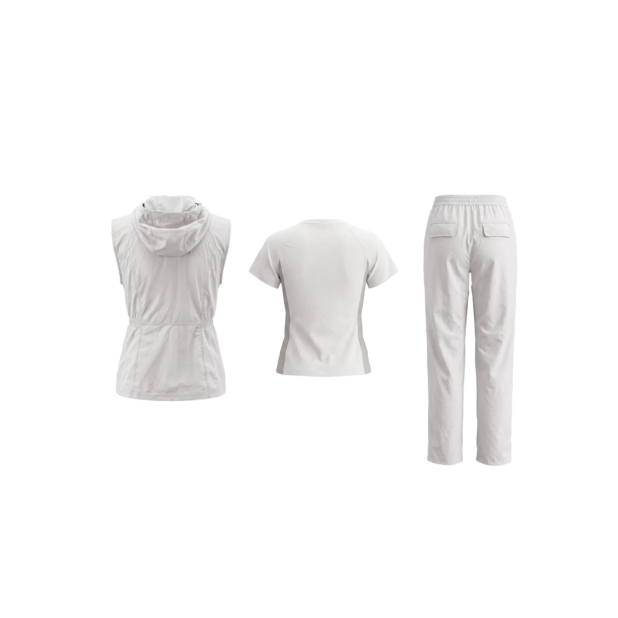 A three-piece women's outdoor apparel set in a light off-white color, featuring a sleeveless hooded vest, a short-sleeve top, and cropped pants, shown from front and back views on a plain white background. TCH Rhinestone Wing Active 3-Piece Tracksuit Set