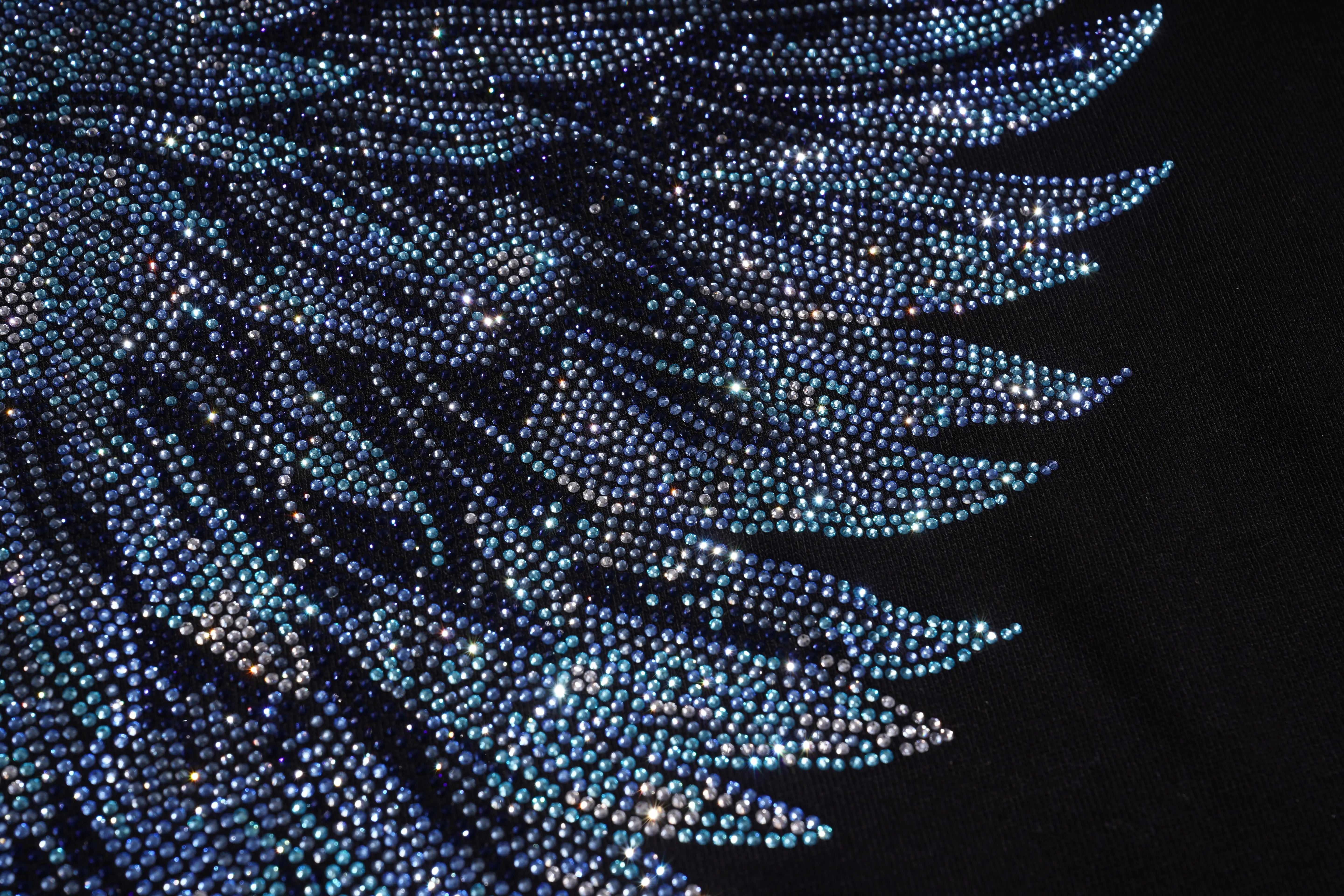 Close-up of a decorative feather with blue and silver beads on a black background, TCH Rhinestone Wing Black Crewneck Sweatshirt