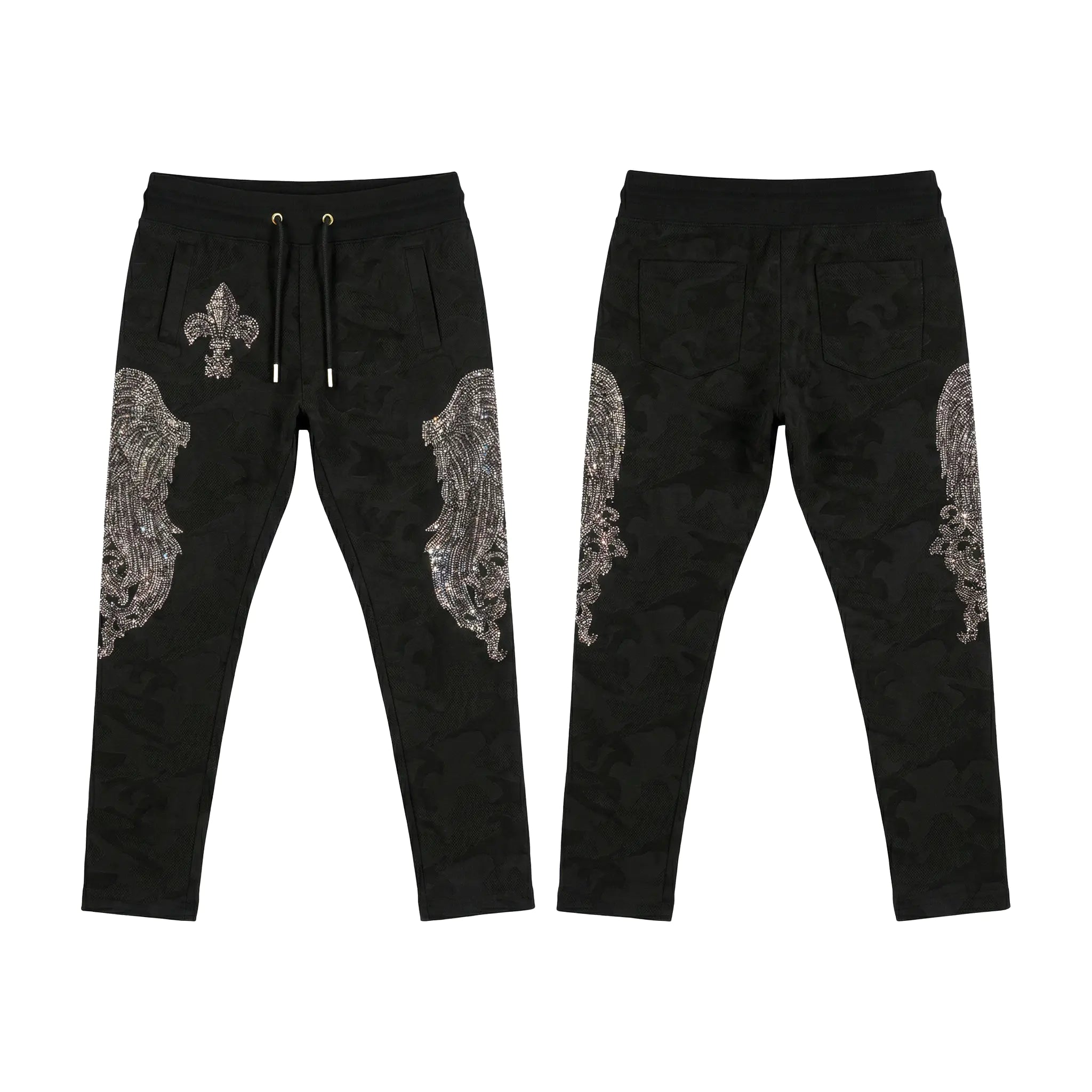Black pants with decorative patterns on a white background, TCH Rhinestone Wing Camo Jogger Pants