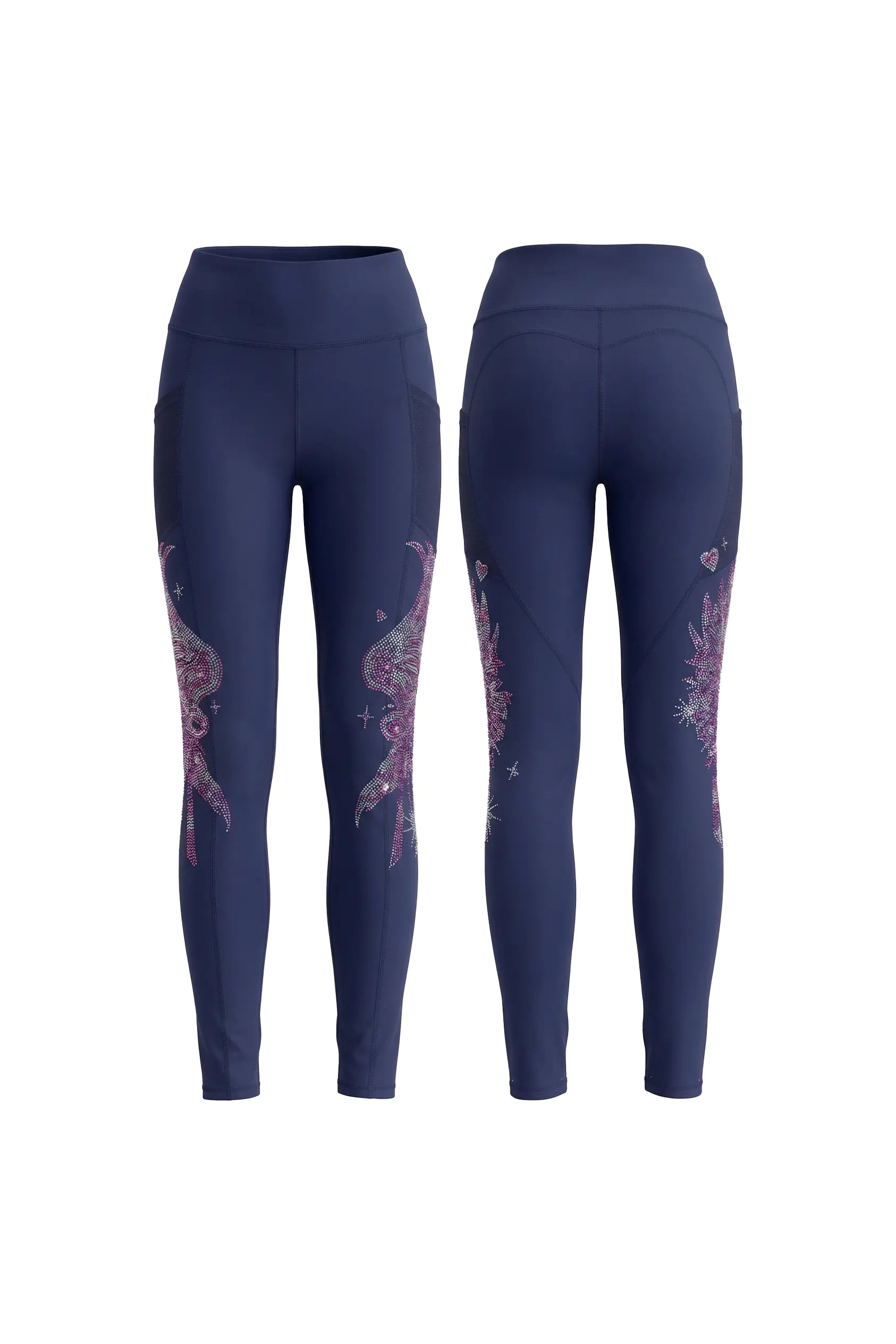 Navy blue leggings with pink floral patterns on a white background， TCH Rhinestone Wing Graphic High-Waist Leggings