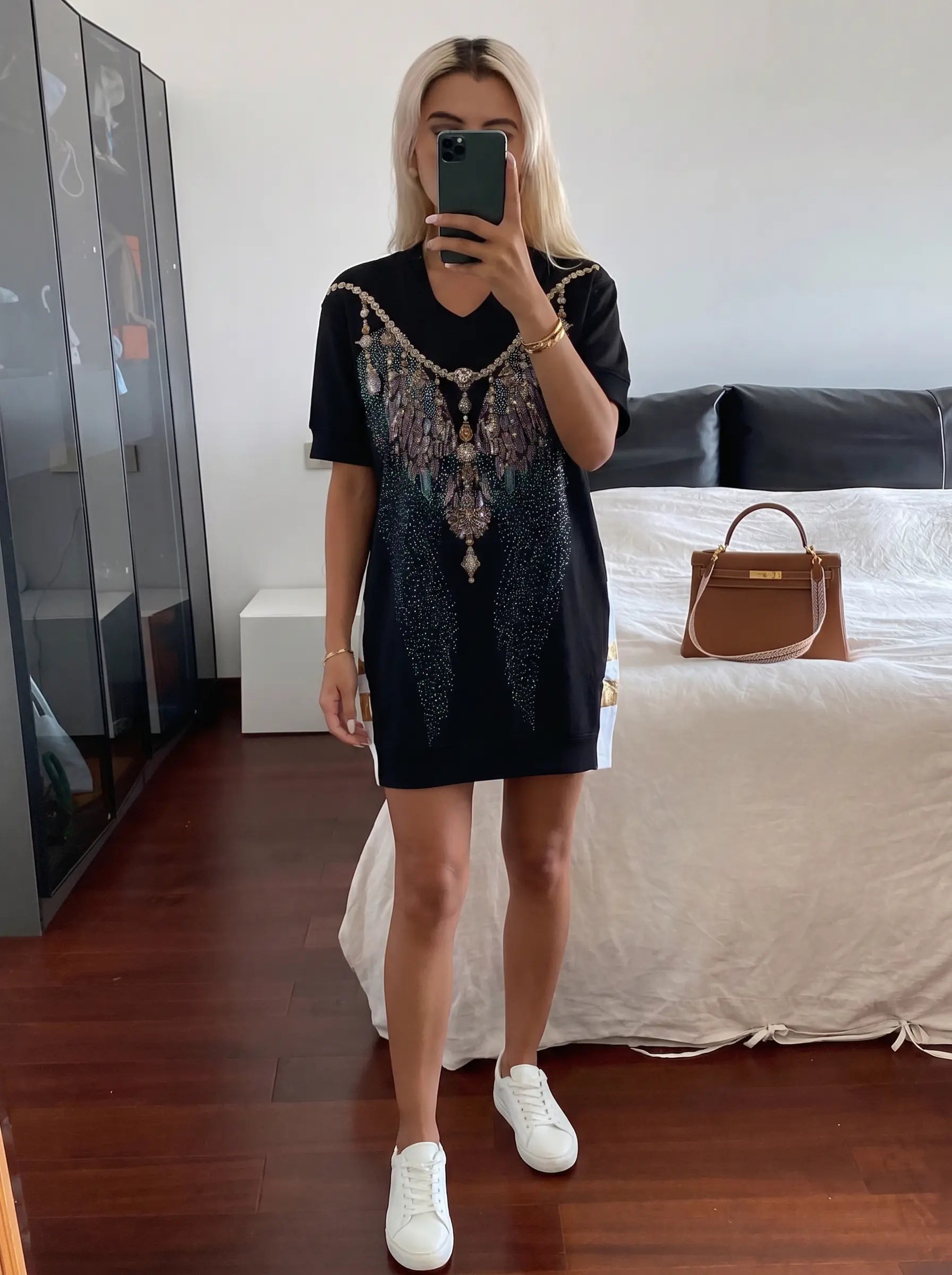 TCH Rhinestone Wing Necklace Graphic Black Mini Dress Luxury Streetwear Brand Official Showcase