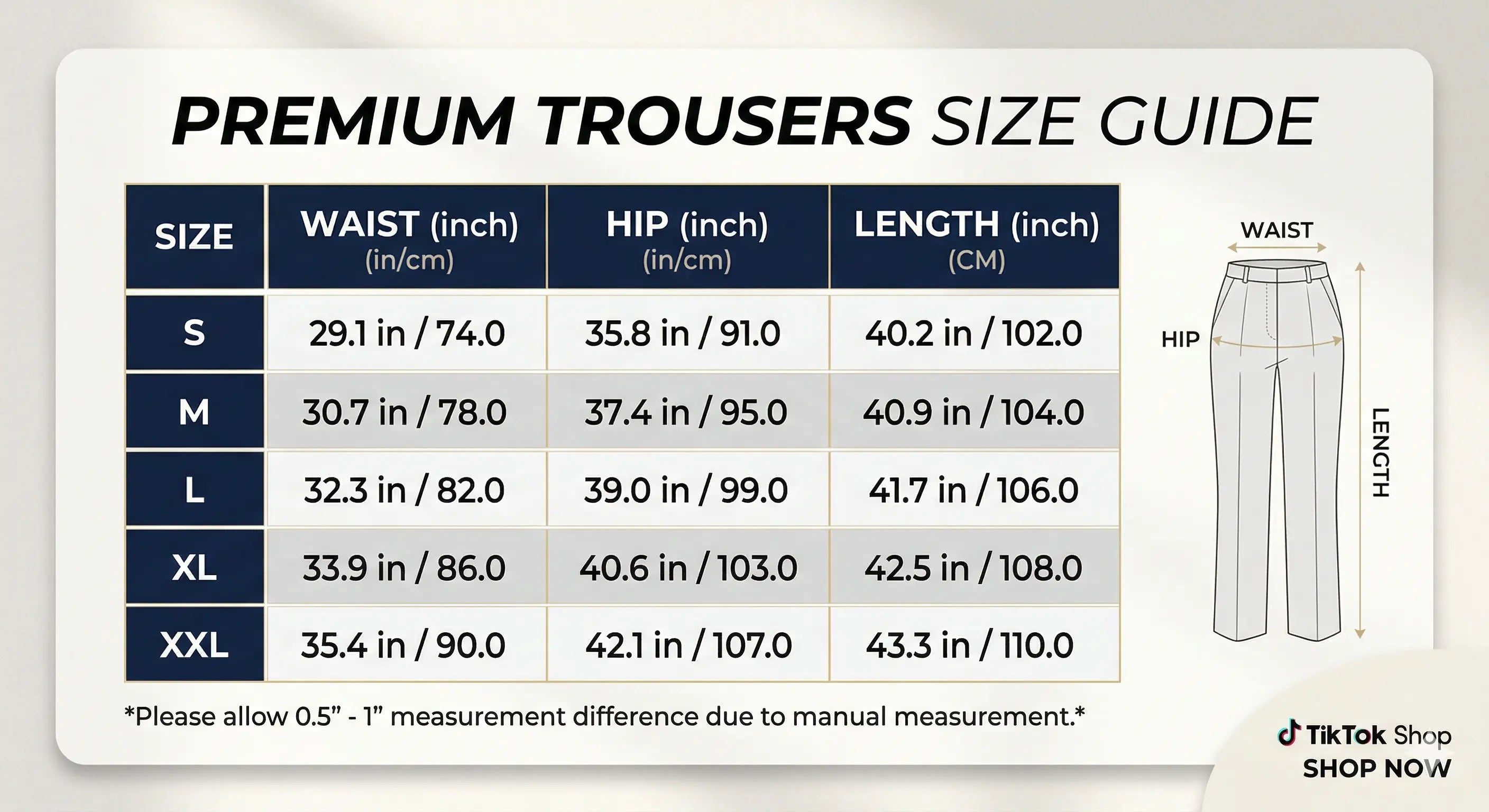Size guide for premium trousers with measurements in inches and centimeters. TCH Rhinestone Wing Techno Jogger Pants
