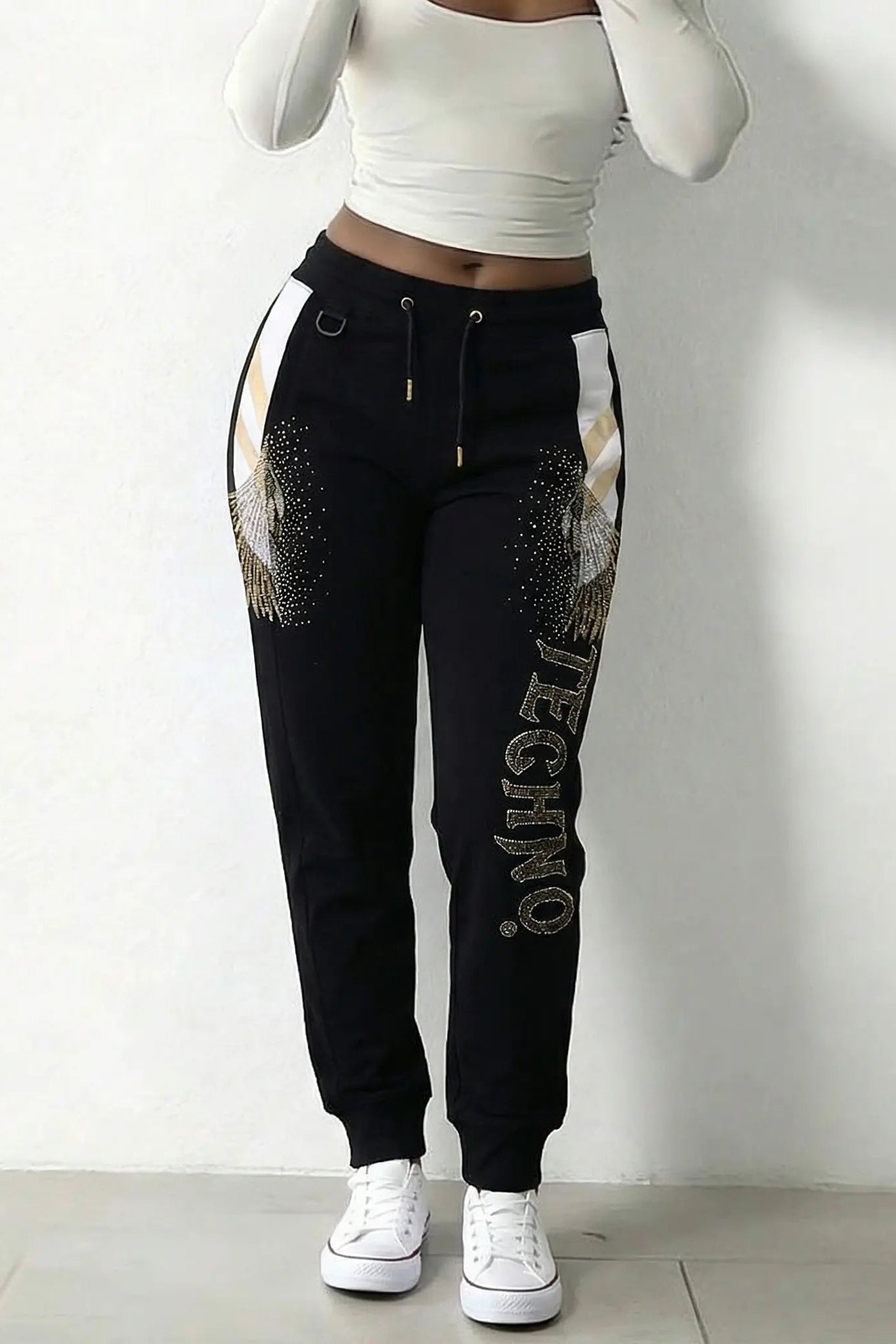 Black jogger pants with white text on a plain background, TCH Rhinestone Wing Techno Jogger Pants