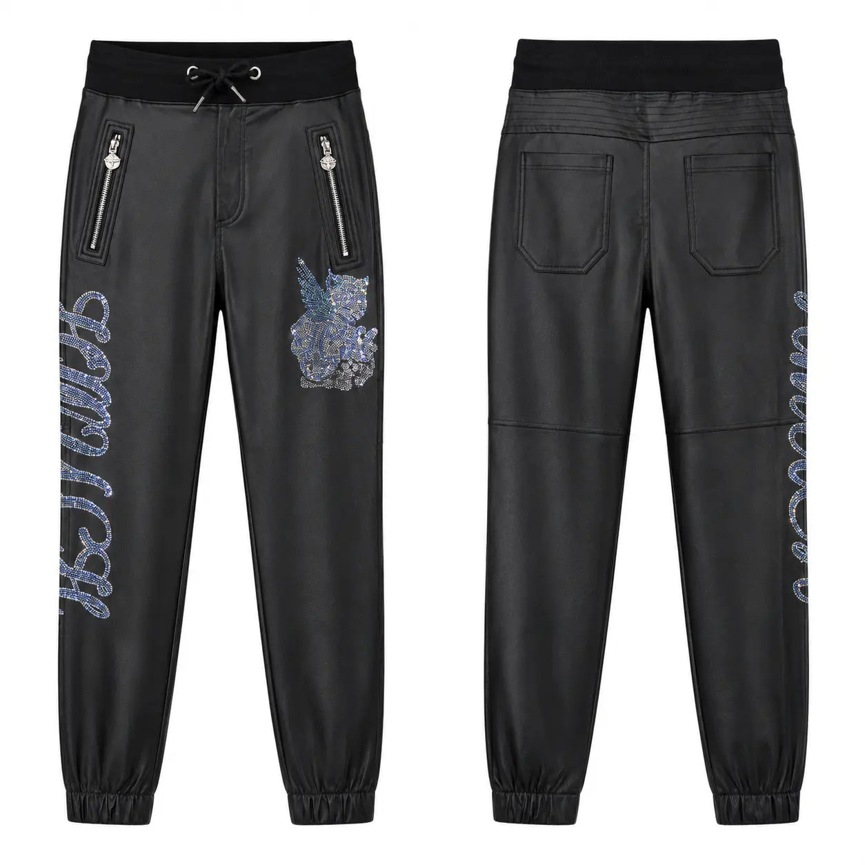 Black jogger pants shown from the front and back, featuring silver zipper details, a black elastic drawstring waist, side pockets, and decorative silver graphic prints on the legs. TCH Rhinestone Wing Teddy Faux Leather Jogger Pants