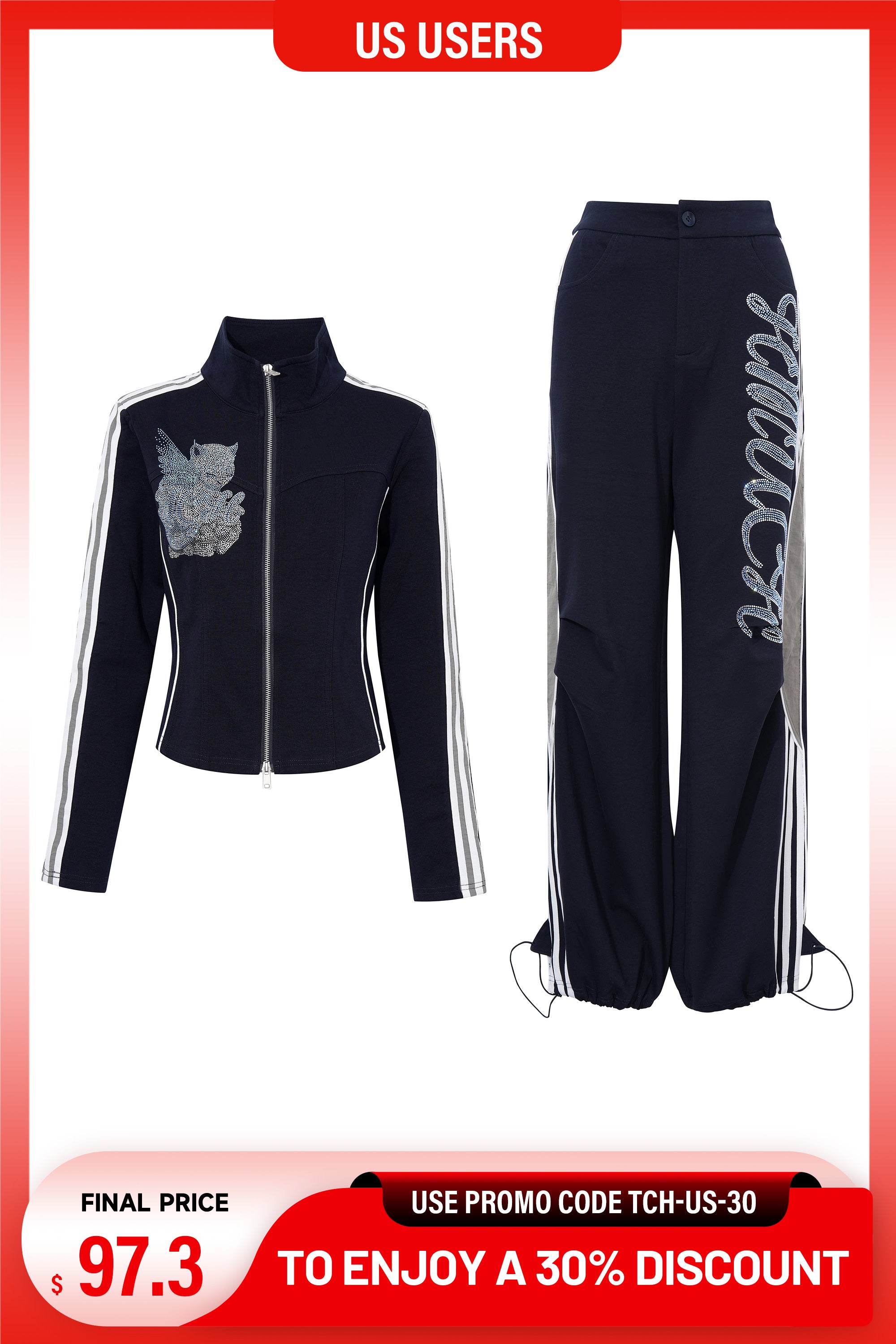 Navy blue outfit with star pattern and gray scarf on a white background, TCH Rhinestone Winged Kitty Zip-Up Tracksuit Set