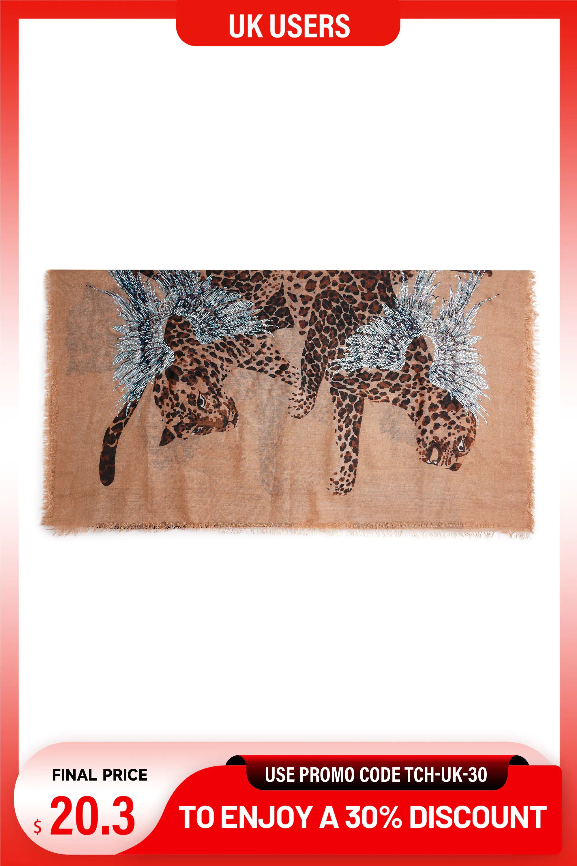 A beige faux fur winter hat with long braided ear flaps and knotted tassels, shown on a white background with promotional text banners at the top and bottom. TCH Rhinestone Winged Leopard Lightweight Fashion Scarf