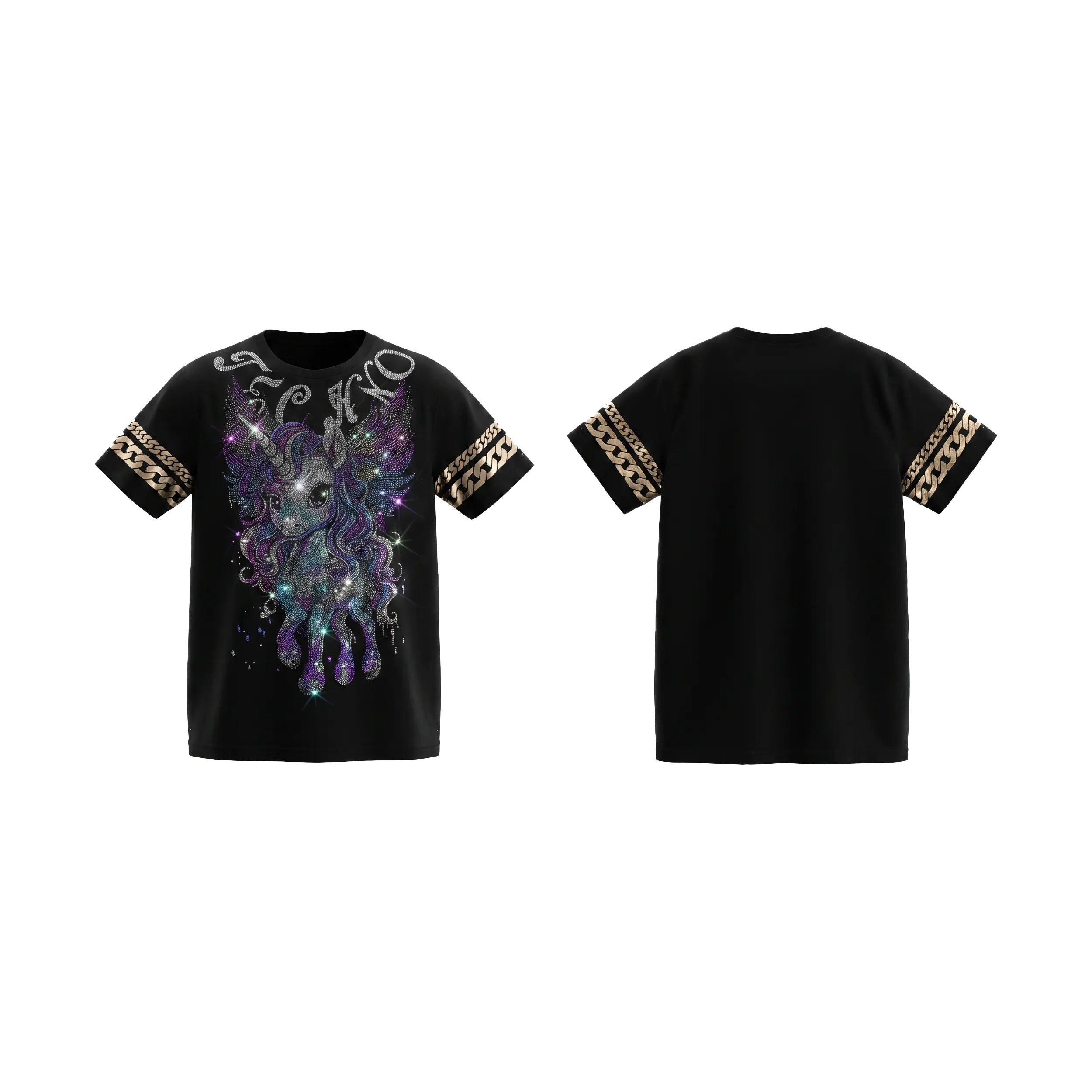 Black t-shirt with a colorful graphic design on the front and back, TCH Rhinestone Winged Unicorn T-Shirt