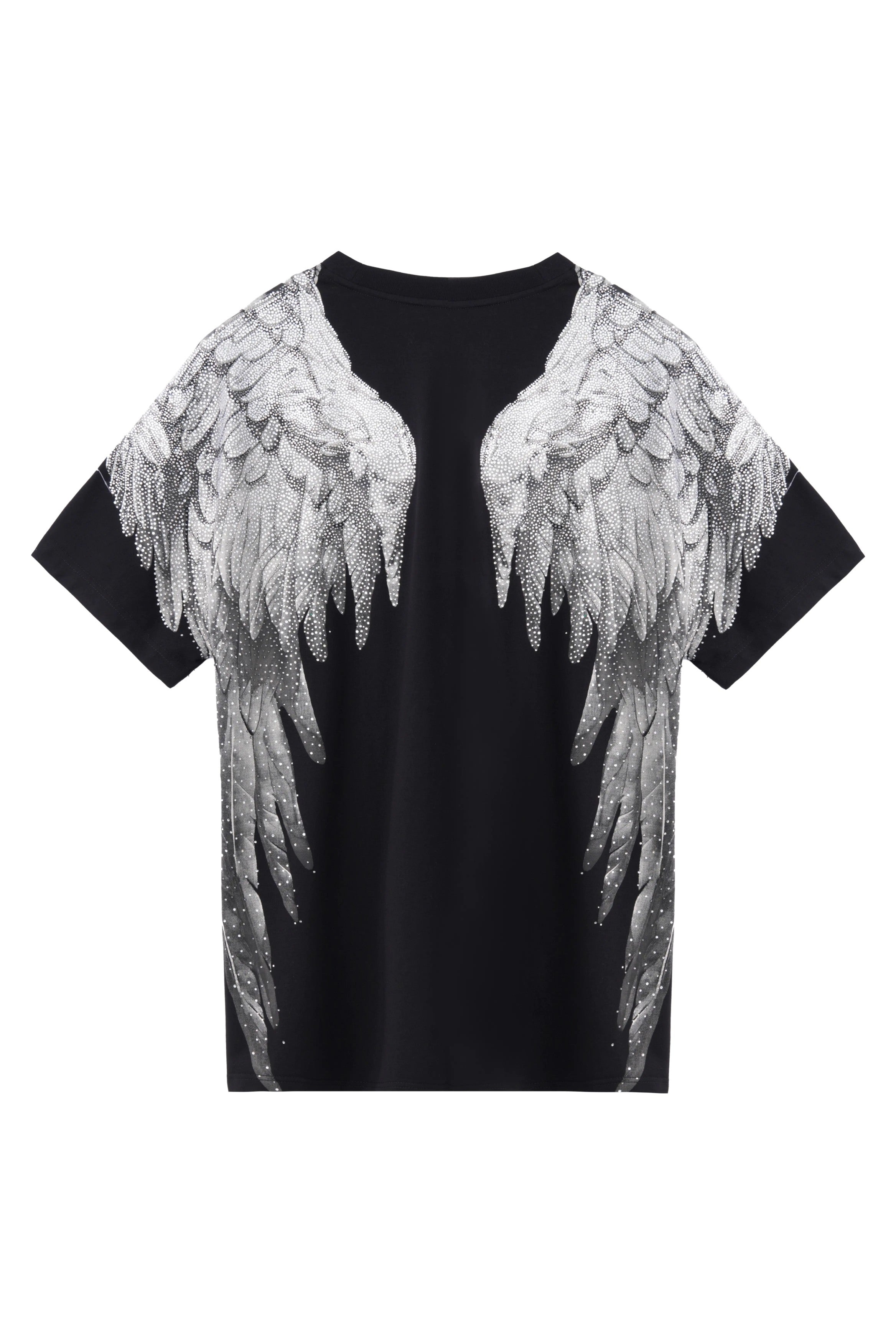 Black t-shirt with white angel wings design on a white background, TCH Rhinestone Wings Logo Black Graphic T-Shirt