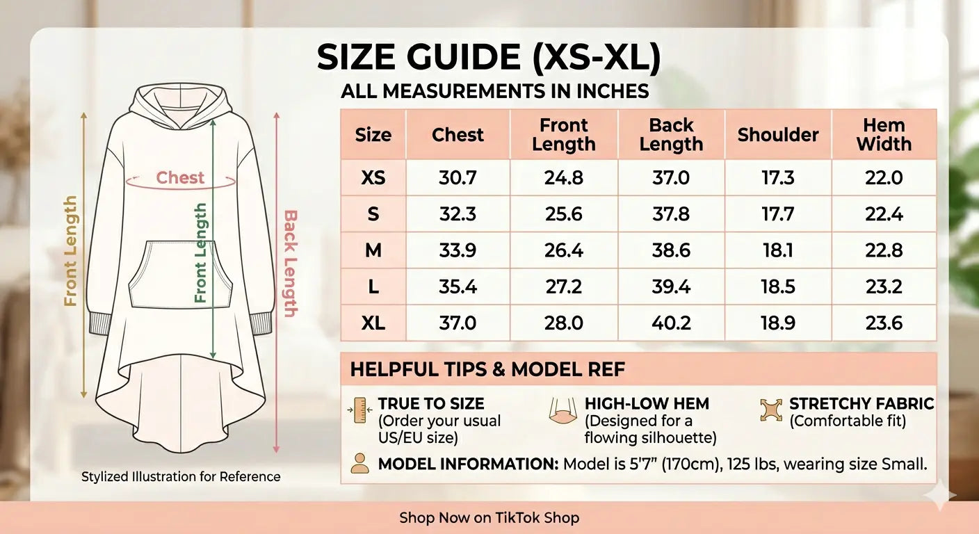 Size guide for a garment with measurements in inches, including chest, front length, back length, shoulder, and hem width. TCH Rhinestone Winter Lamb Sweatshirt