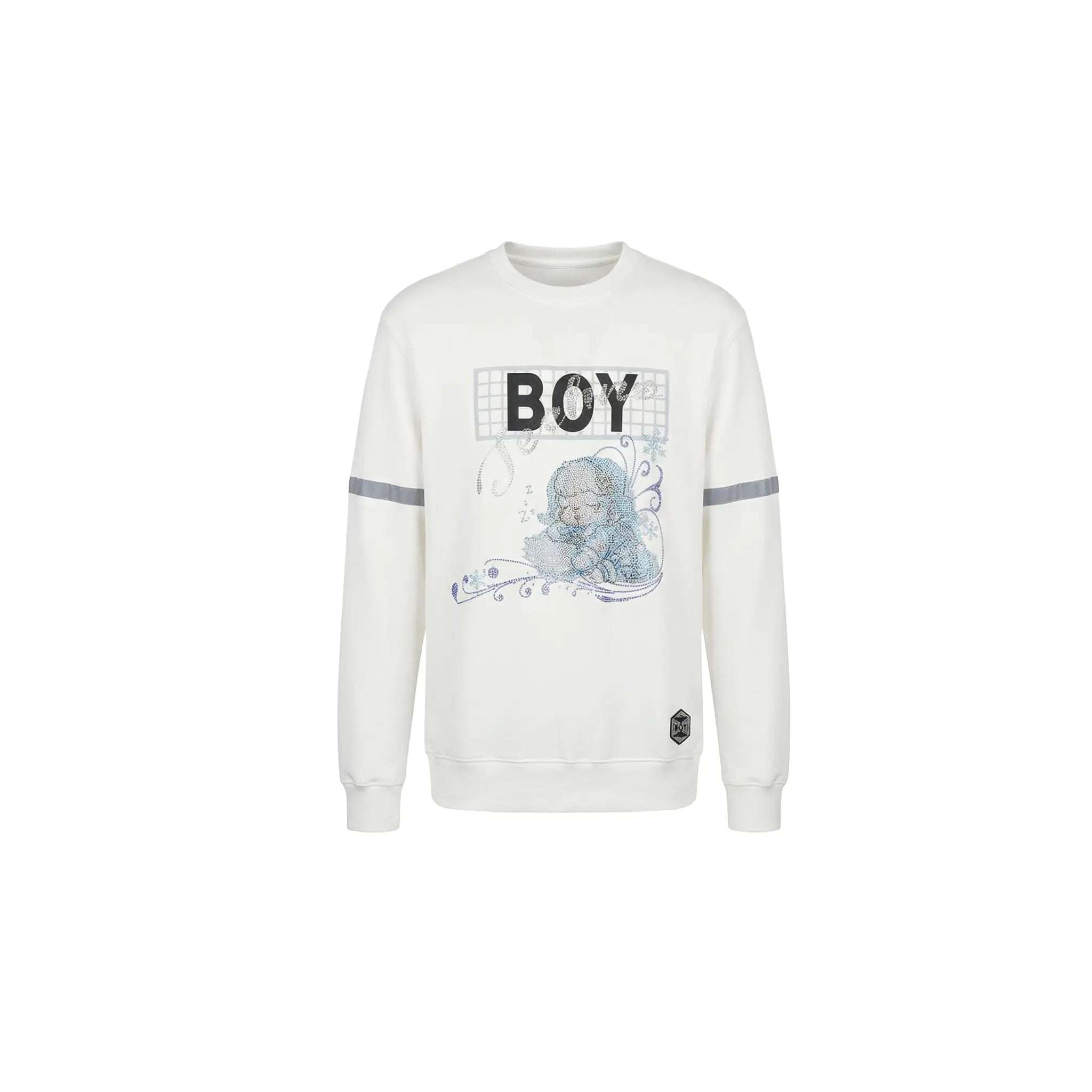 White sweatshirt with graphic design and 'BOY' text on a white background, TCH Rhinestone Winter Lamb Sweatshirt