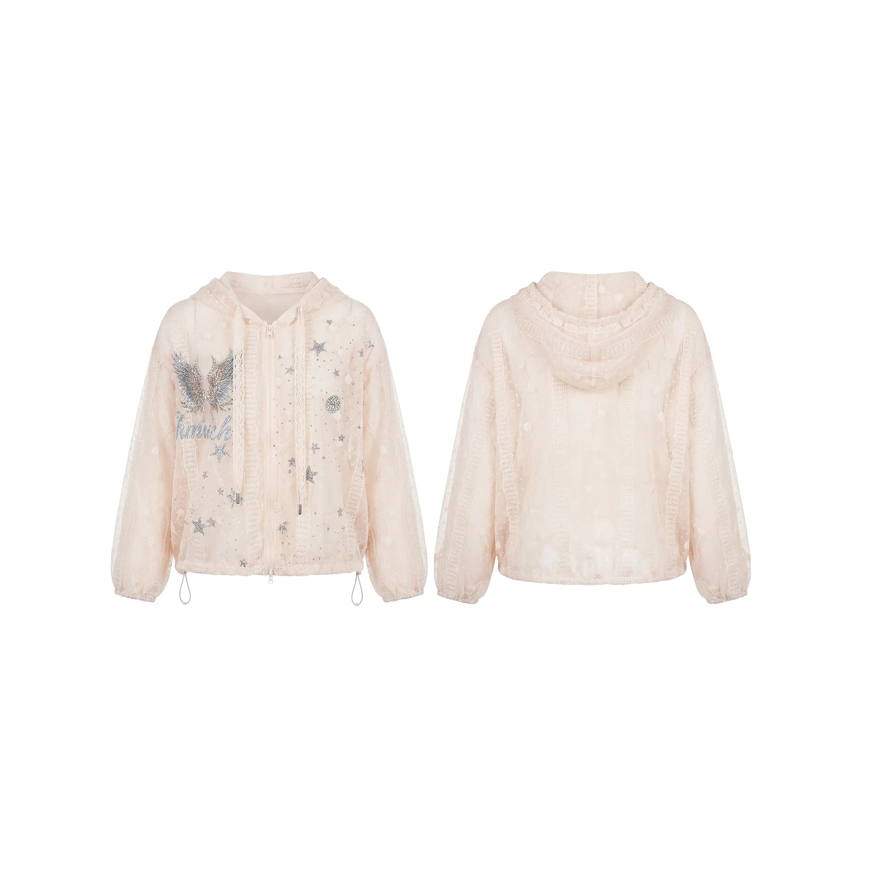 A light peach-pink hooded jacket shown from both the front and back views. The front features a silver embroidered bird and the word 'time' with star embellishments, while the back is solid textured fabric. TCH Sheer Rhinestone Angel Star Zip-Up Hoodie
