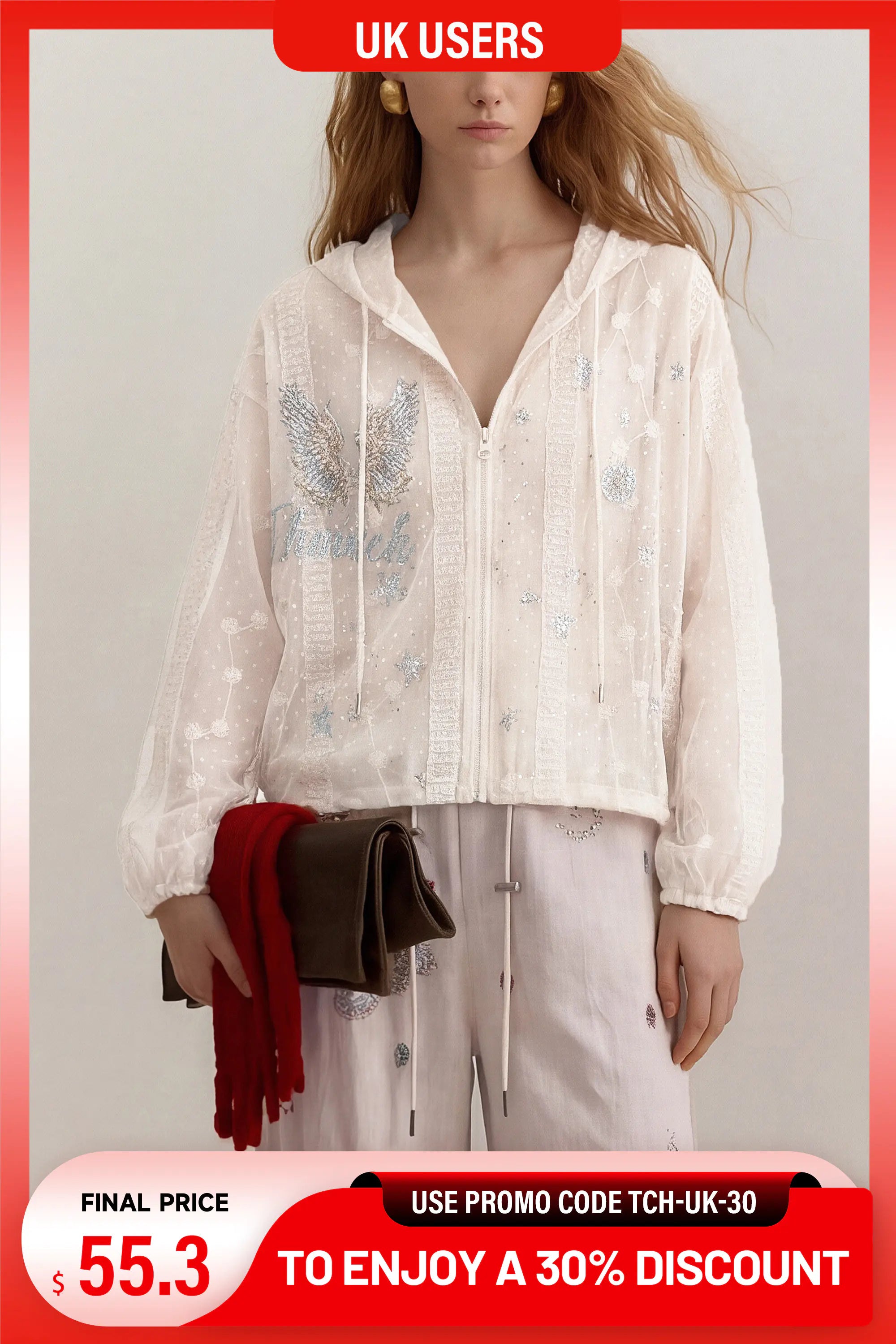 A woman wearing a white short-sleeve V-neck T-shirt with a teddy bear graphic and scattered star prints, paired with light beige jeans. The image has promotional overlays including a red banner at the top and a discount banner at the bottom. TCH Sheer Rhinestone Angel Star Zip-Up Hoodie