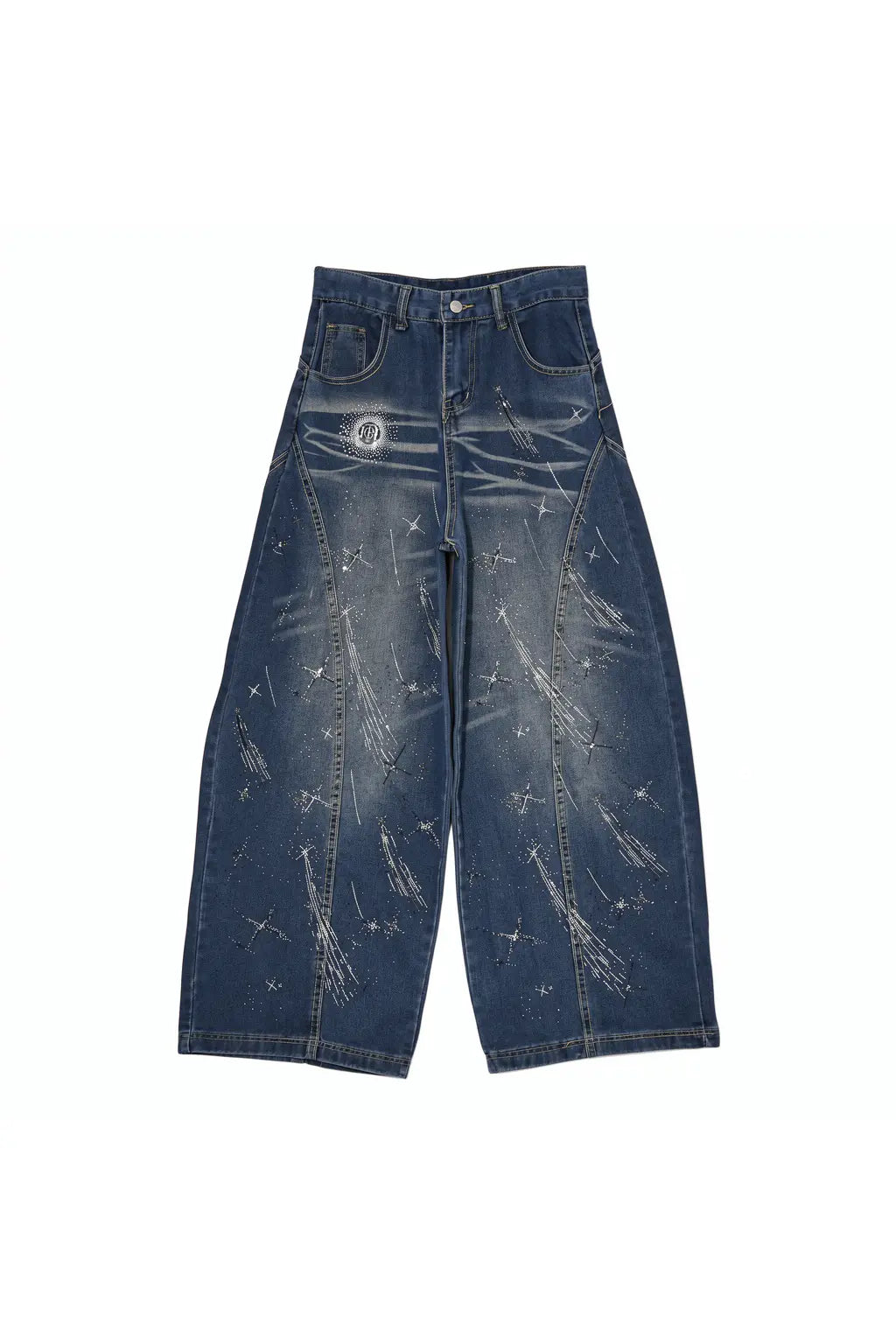 Blue jeans with white patterns on a white background, TCH Shooting Star Rhinestone Wide-Leg Blue Jeans
