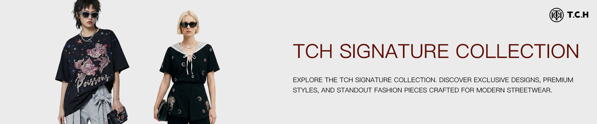 Two people wearing black t-shirts with graphic designs, promotional text for TCH Signature Collection on a white background.