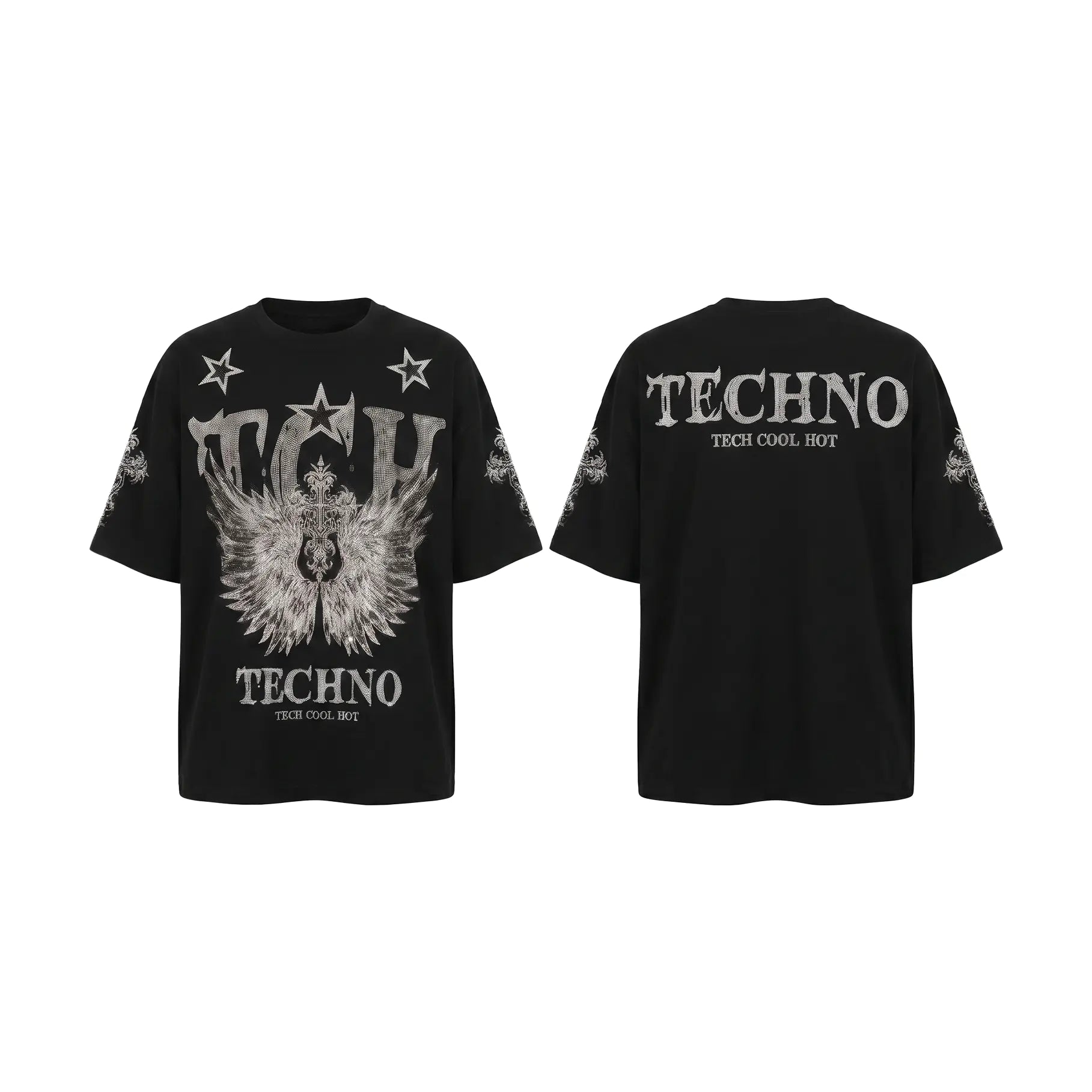 Black short-sleeve graphic T-shirt shown from the front and back on a plain white background. The front features a large white angel wing graphic with stars and the text 'TECHNO' and 'TECH COOL BOY'. TCH Silver Wing Techno Oversized Graphic T-Shirt