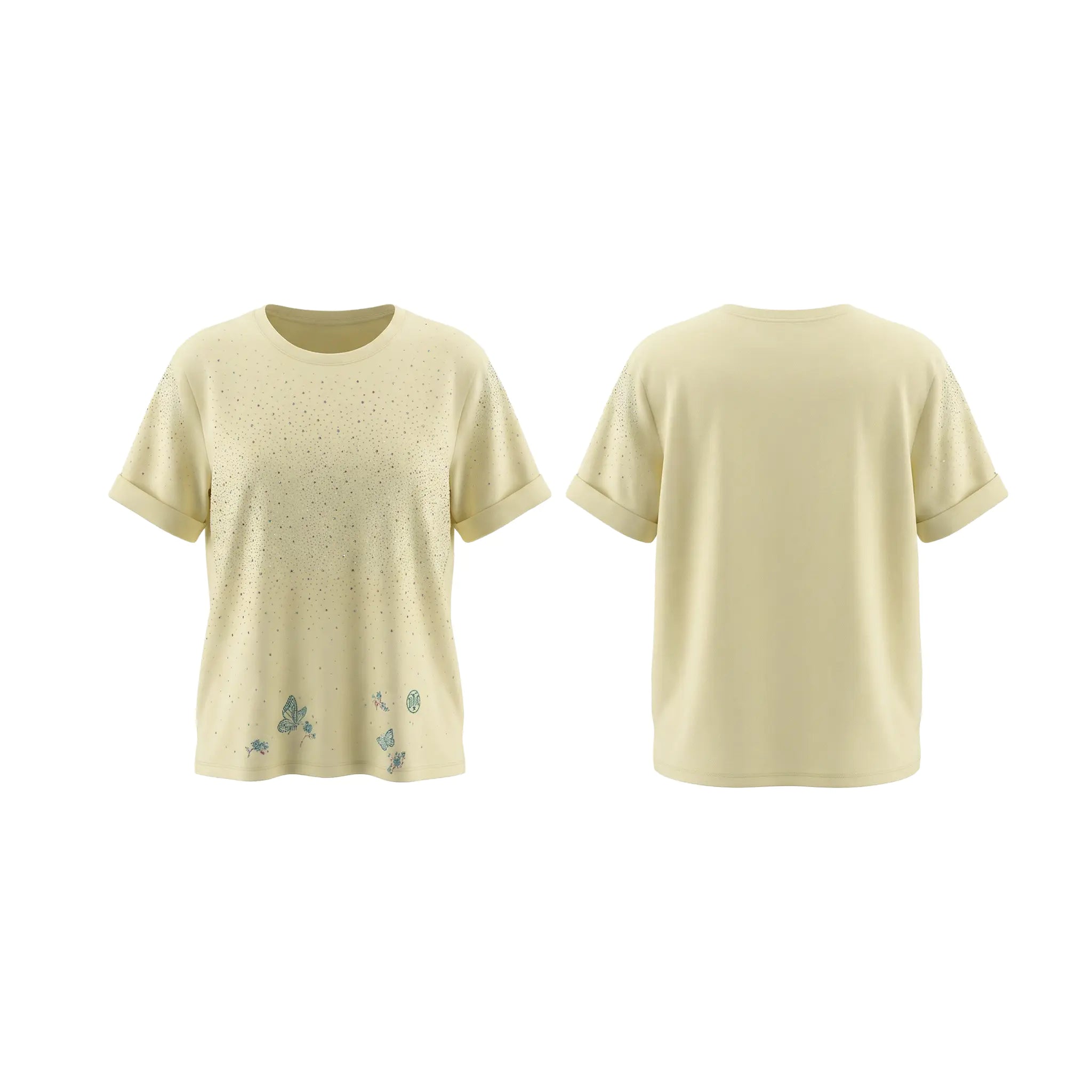 Beige t-shirt with subtle patterns on a white background, TCH Starry Gradient Rhinestone Butterfly T-Shirt