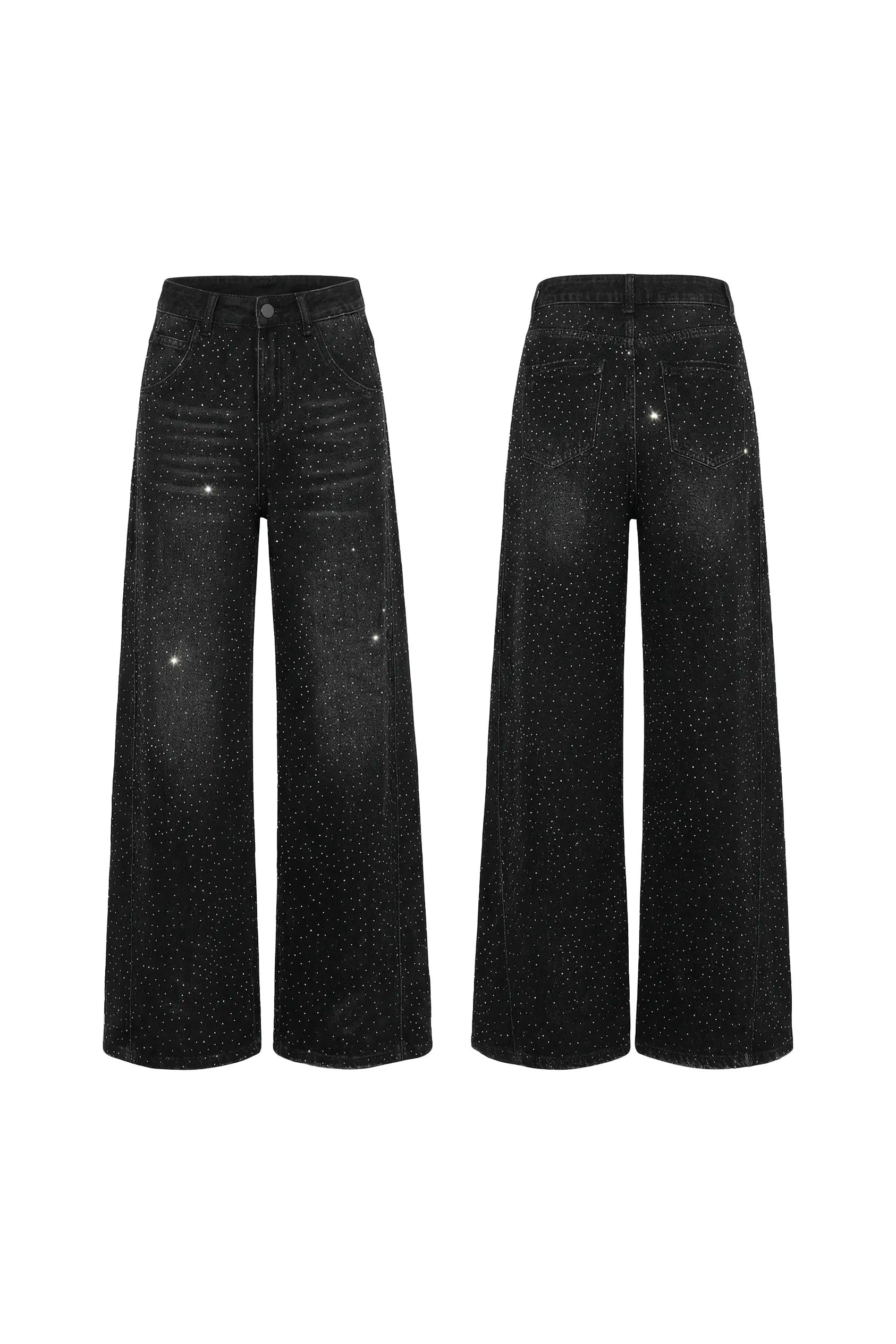 Two pairs of black wide-leg jeans on a white background, TCH Starry Rhinestone Logo Black Denim Jeans