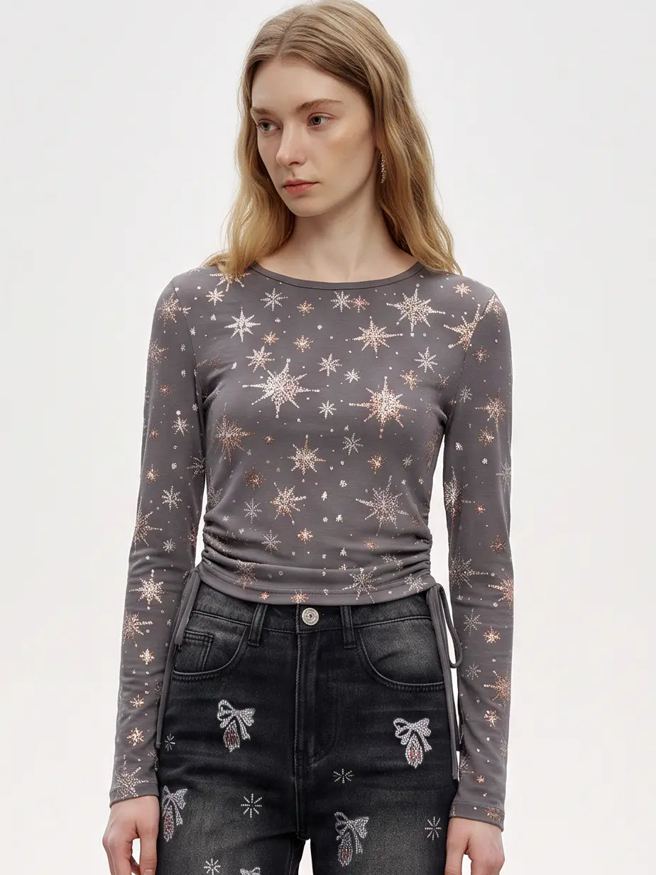 TCH Starry Rhinestone Print Ruched Long Sleeve Top Luxury Streetwear Brand Official Showcase