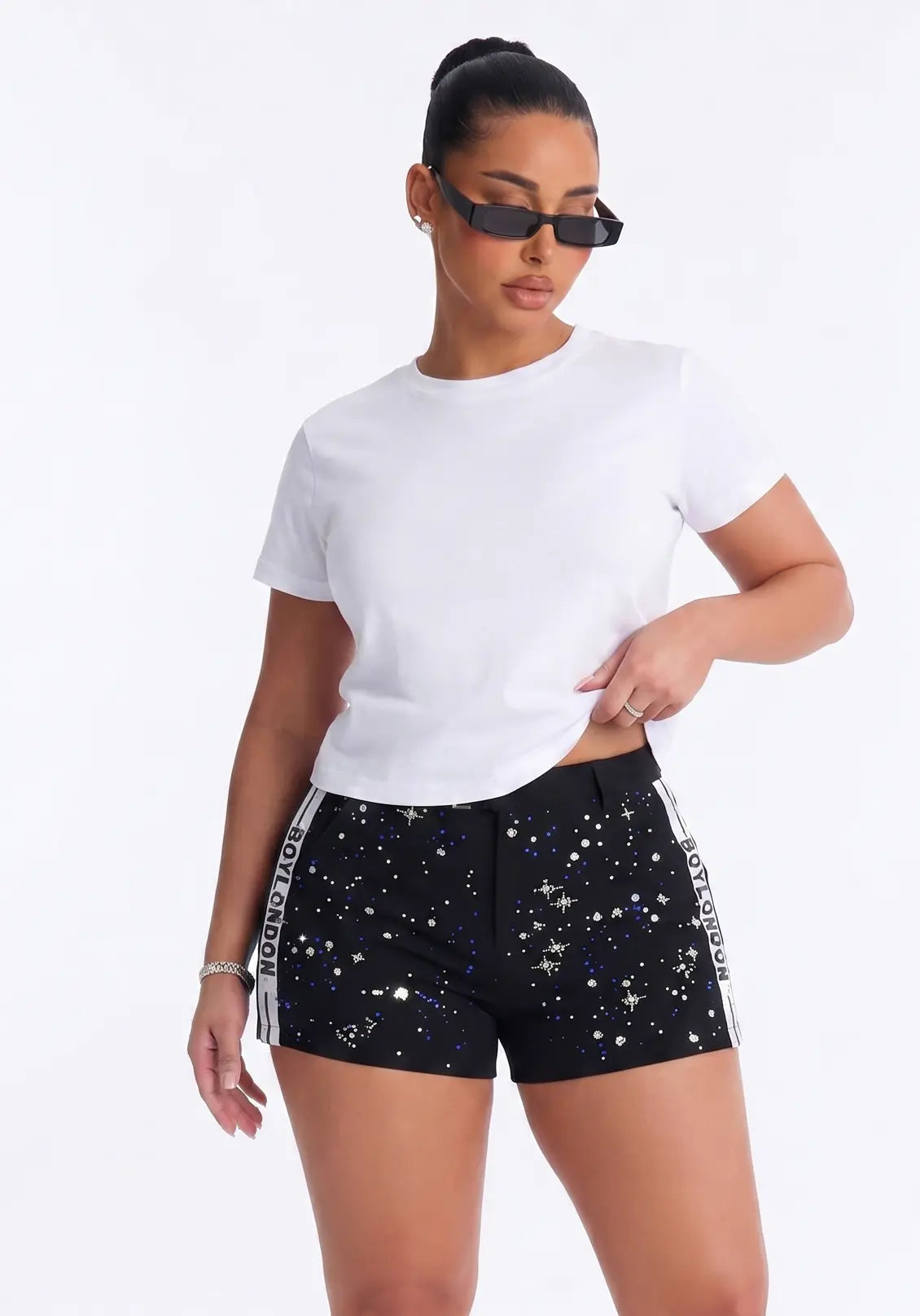 TCH Starry Rhinestone Shorts Black Streetwear Casual Bermuda Shorts Luxury Streetwear Brand Official Showcase
