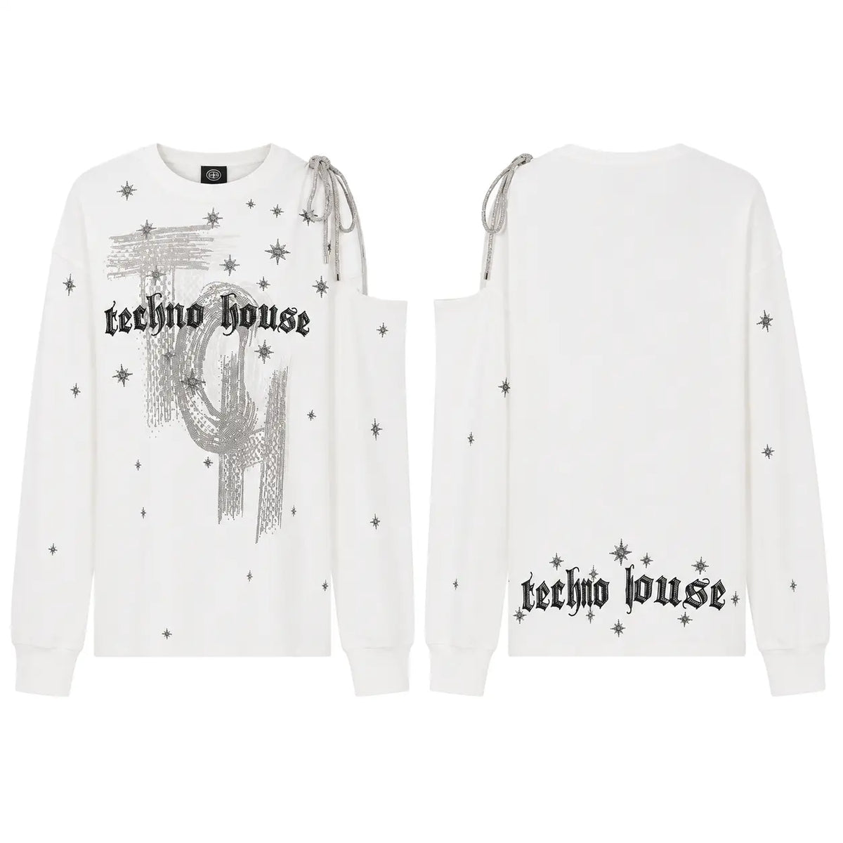 White long-sleeve sweatshirt shown from the front and back, featuring a black gothic-style 'techno house' text graphic, a sketch illustration, and scattered star embellishments. TCH Starry Western Graphic White Long Sleeve Top