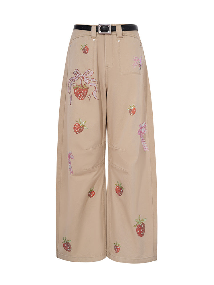 tch strawberry print rhinestone wide leg trousers khaki1 HighEnd Luxury Streetwear Brand Official Showcase