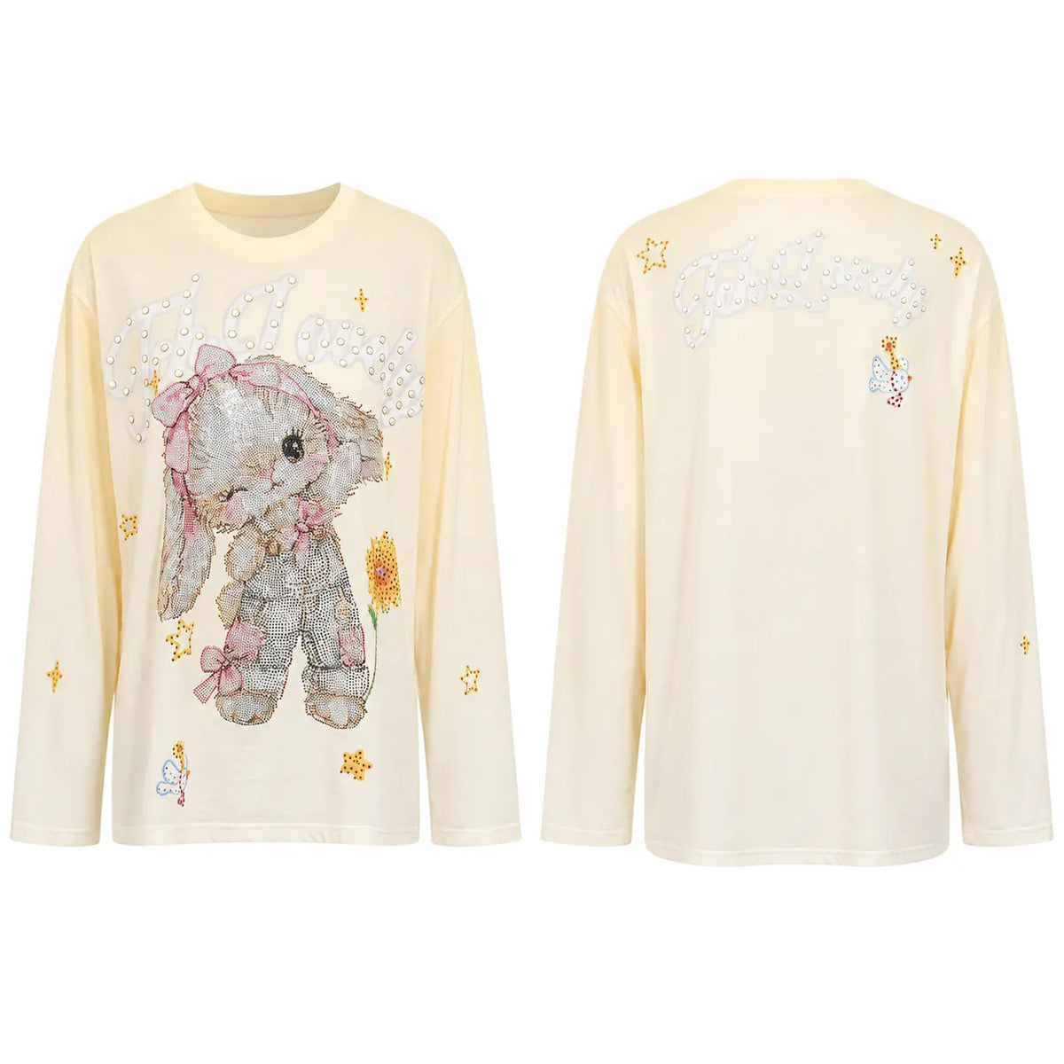 A cream-colored long-sleeve t-shirt shown from both the front and back. The front features a large, detailed graphic of a pink bunny with a bow, surrounded by embroidered stars and a flower. TCH Sweet Bunny Rhinestone Graphic Long Sleeve Top