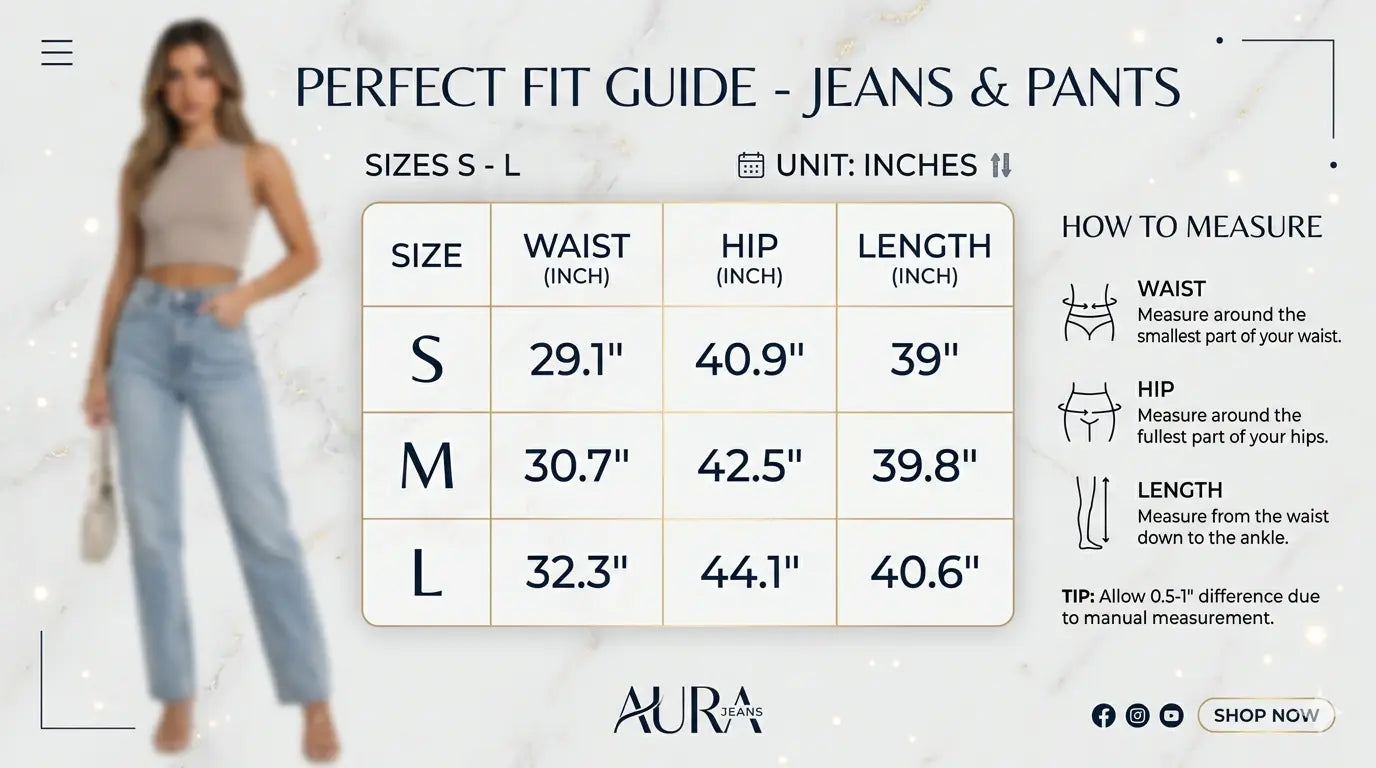 Perfect fit guide for jeans and pants with size chart and measurements, featuring the Aura brand. TCH TECHNO Rhinestone Jogger Pants