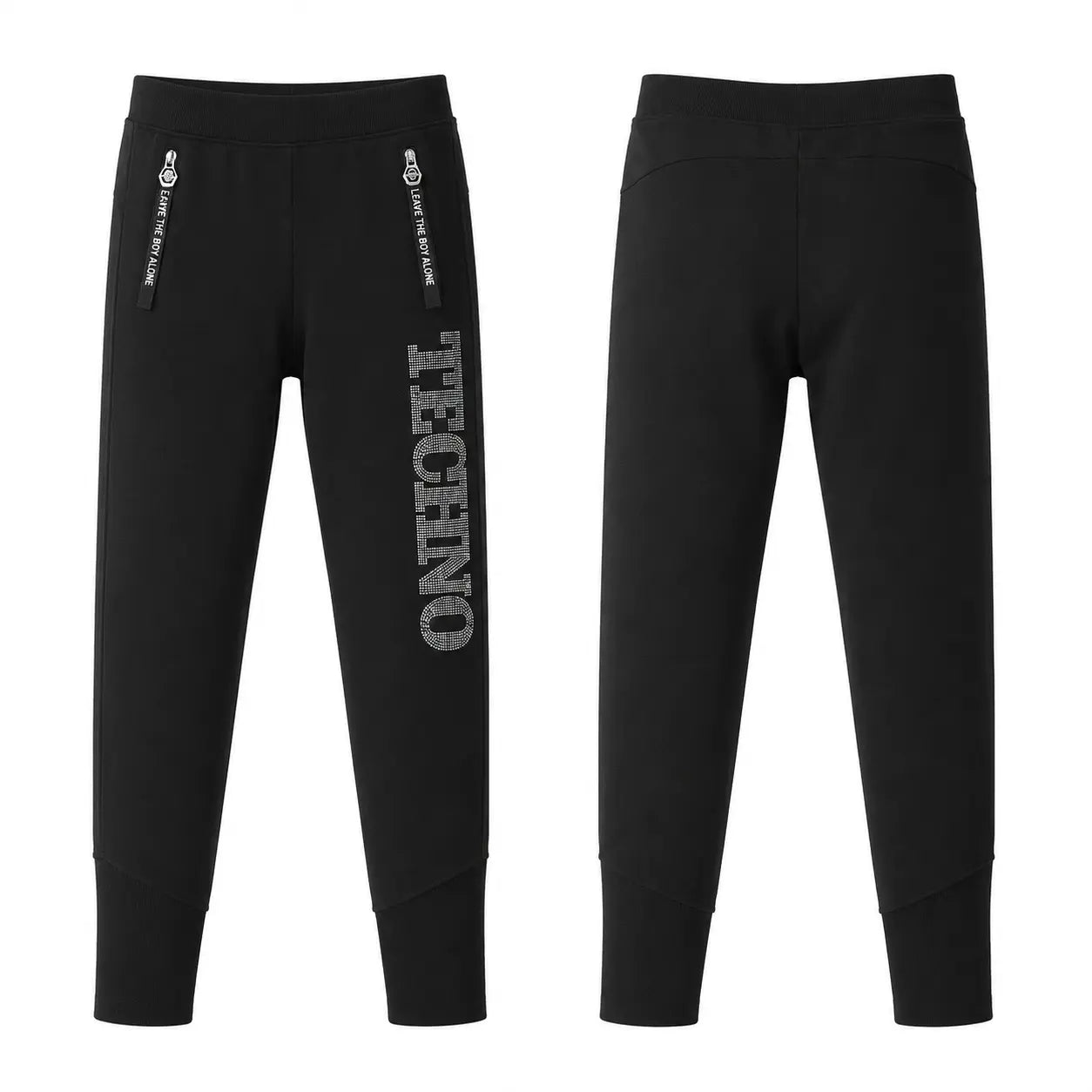 Black leggings with 'TECHNO' text on a white background, TCH TECHNO Rhinestone Jogger Pants