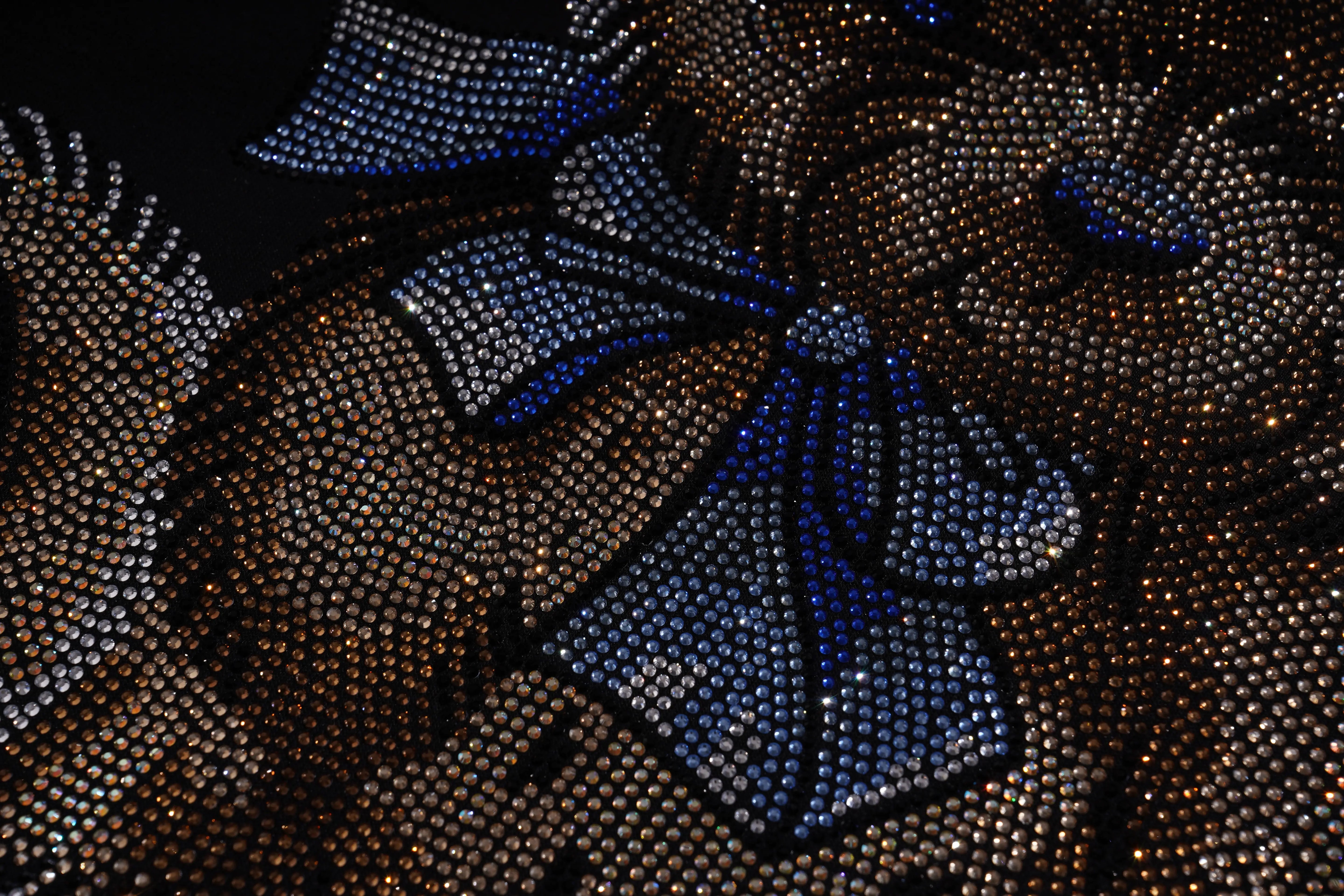 Close-up of a fabric with blue rhinestone bows on a black background, TCH TECHNO Rhinestone Teddy Sweatshirt