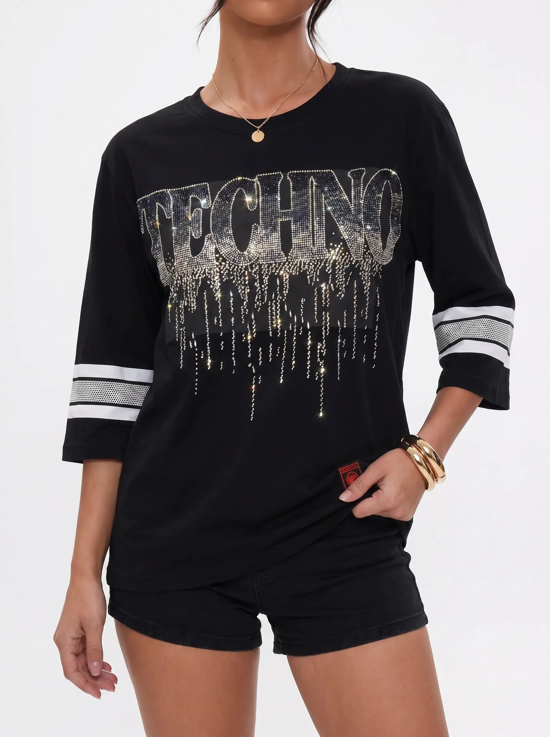 Black long-sleeve top with 'TECHNO' text and rhinestone details on a white background, TCH TECHNO Waterfall Rhinestone T-Shirt